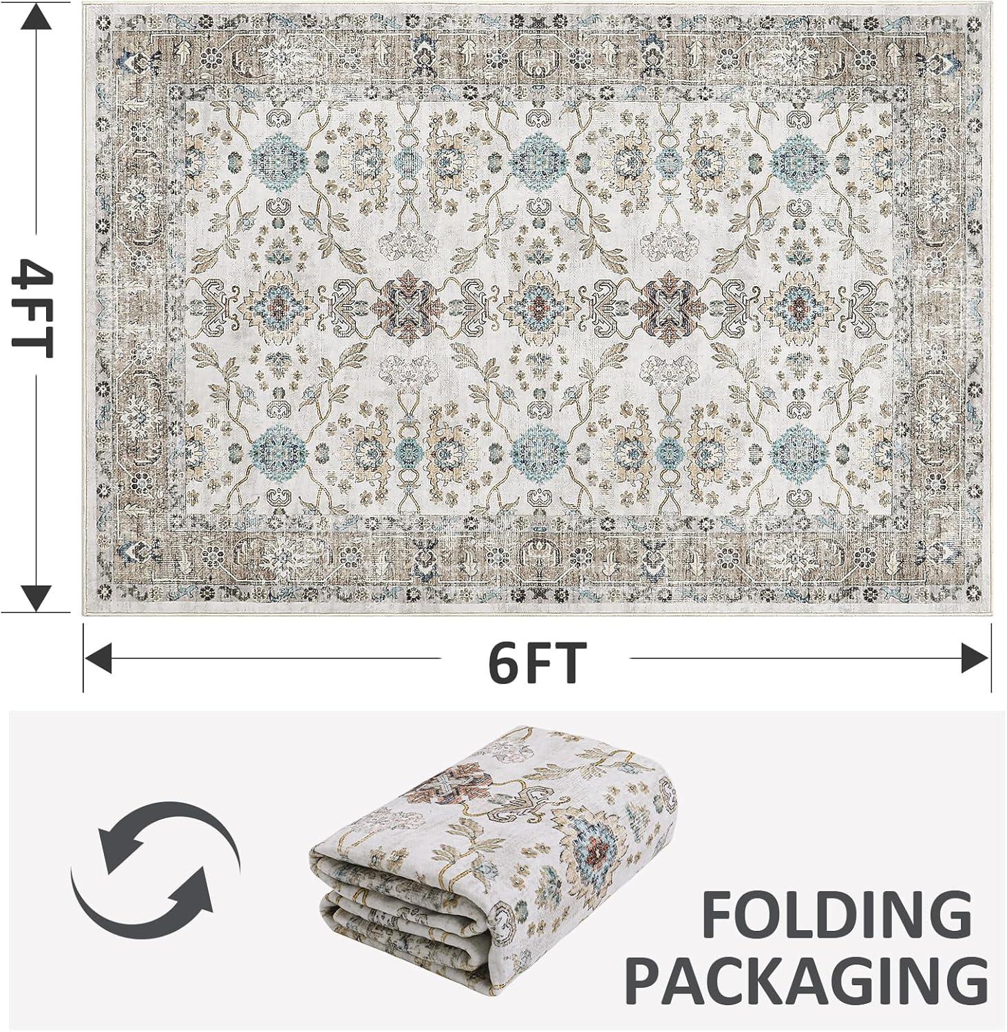 imageDintszyayue Area Rug 4x6 Washable Rugs Beige Boho Soft NonSlip Faux Wool Vintage Rug for Living Room Bedroom Rug Dining Room Farmhouse Beige 4x6Beige