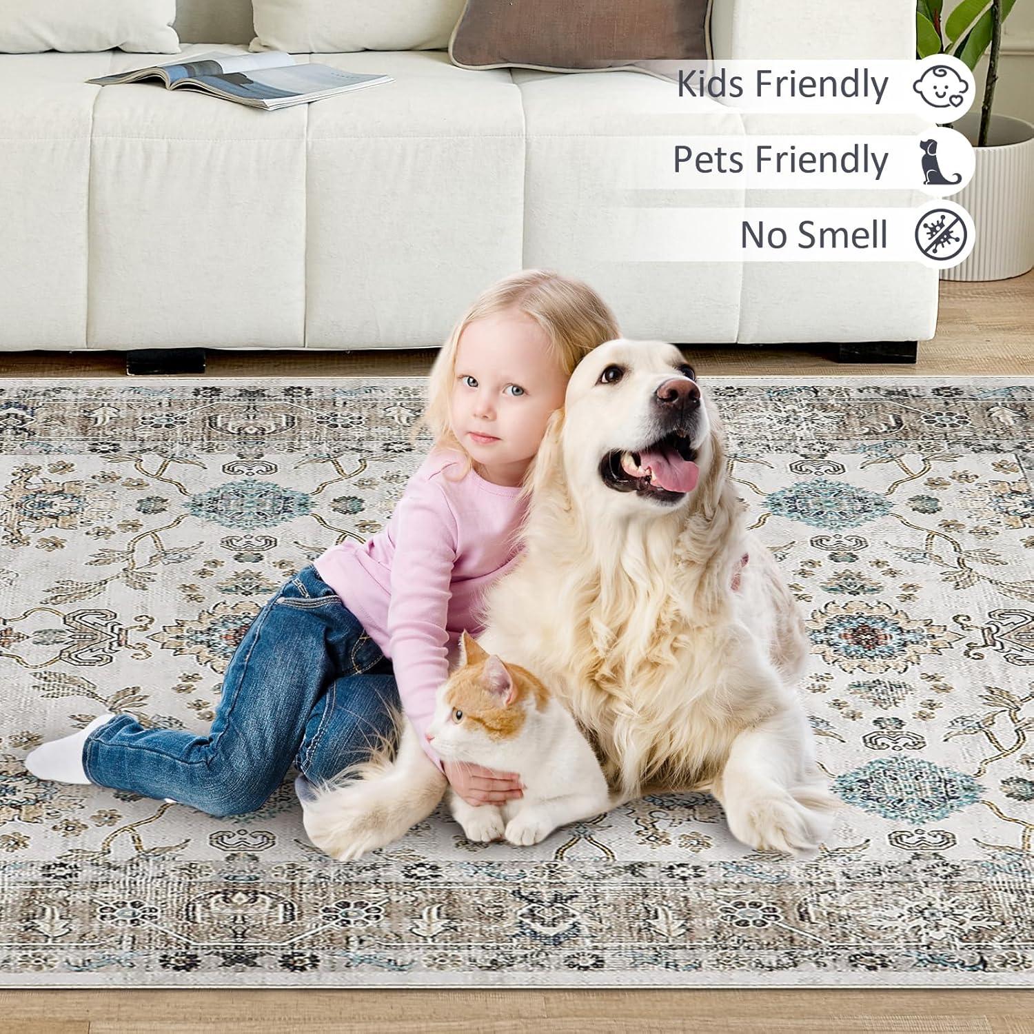 imageDintszyayue Area Rug 4x6 Washable Rugs Beige Boho Soft NonSlip Faux Wool Vintage Rug for Living Room Bedroom Rug Dining Room Farmhouse Beige 4x6Beige