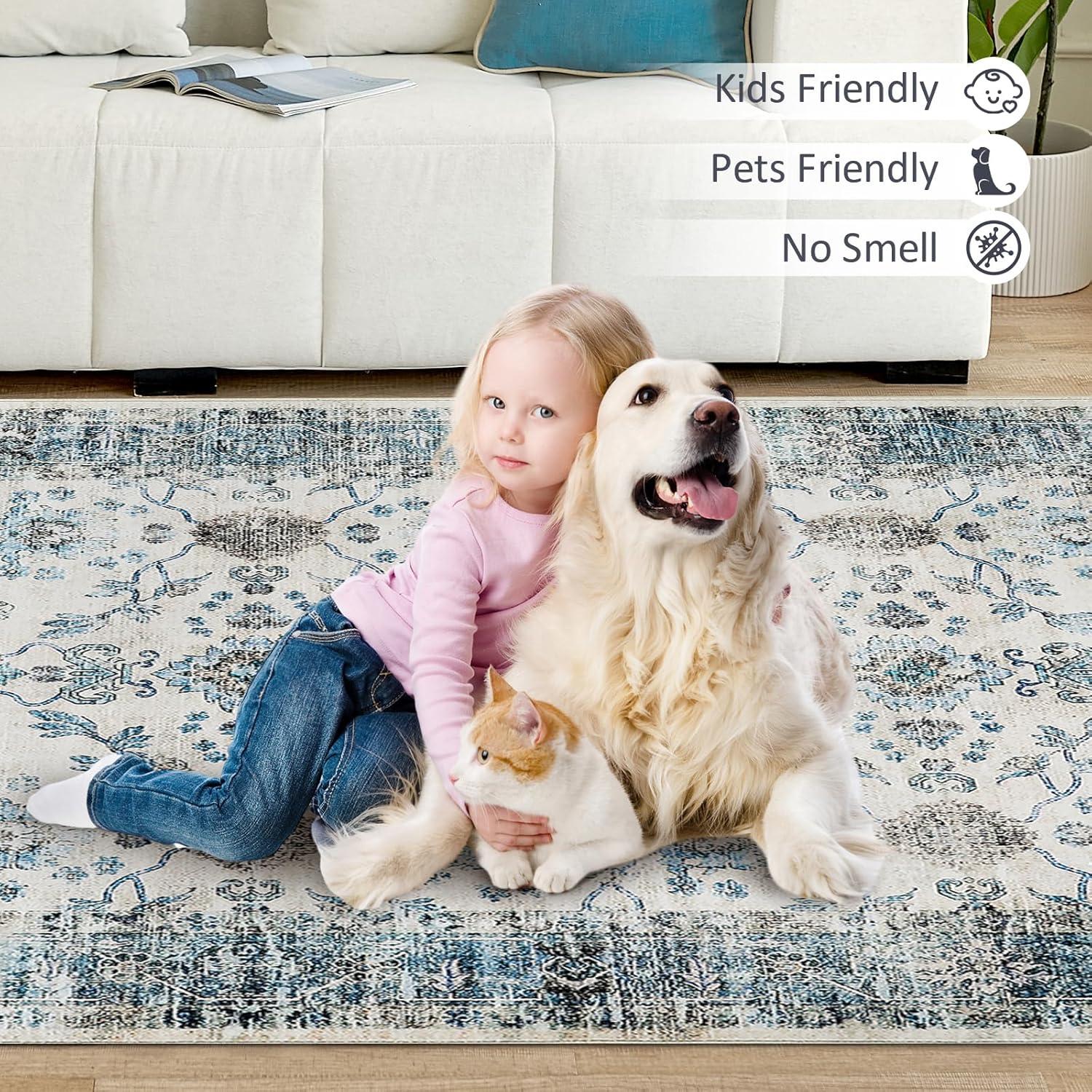 imageDintszyayue Area Rug 4x6 Washable Rugs Beige Boho Soft NonSlip Faux Wool Vintage Rug for Living Room Bedroom Rug Dining Room Farmhouse Beige 4x6Blue