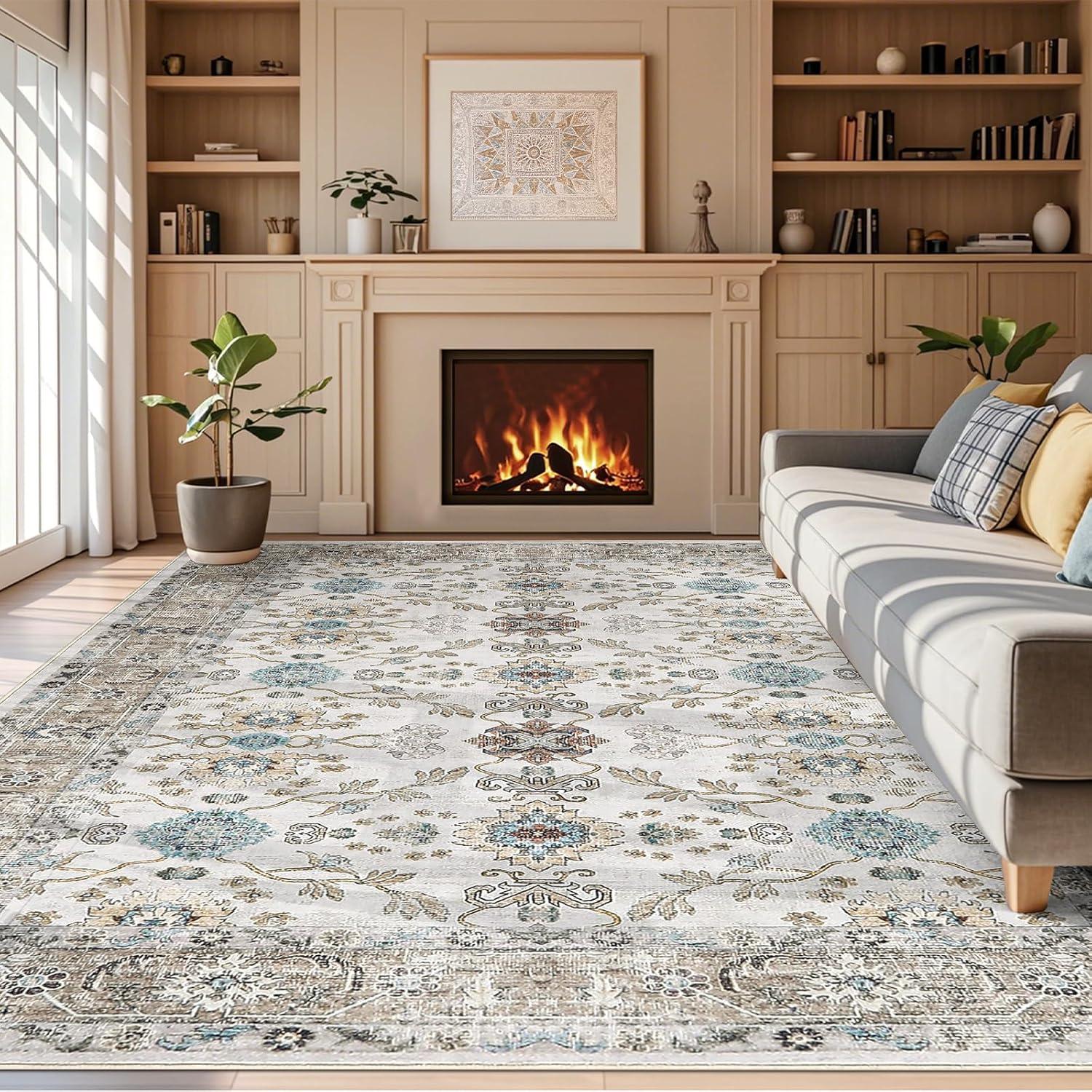imageDintszyayue Area Rug 8x10 Washable Rugs Blue Boho Soft NonSlip Faux Wool Vintage Rug for Living Room Bedroom Rug Dining Room Farmhouse Blue 8x10Beige