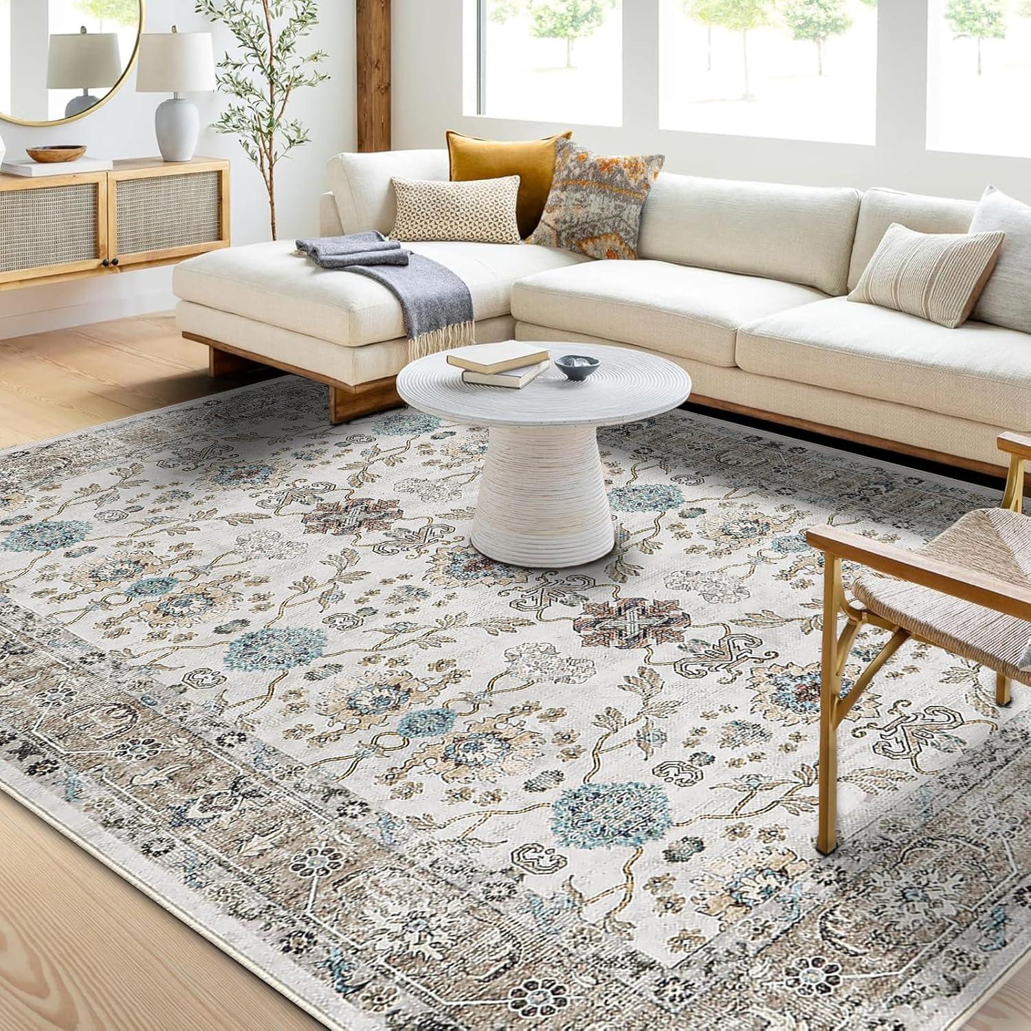 imageDintszyayue Area Rug 8x10 Washable Rugs Blue Boho Soft NonSlip Faux Wool Vintage Rug for Living Room Bedroom Rug Dining Room Farmhouse Blue 8x10Beige