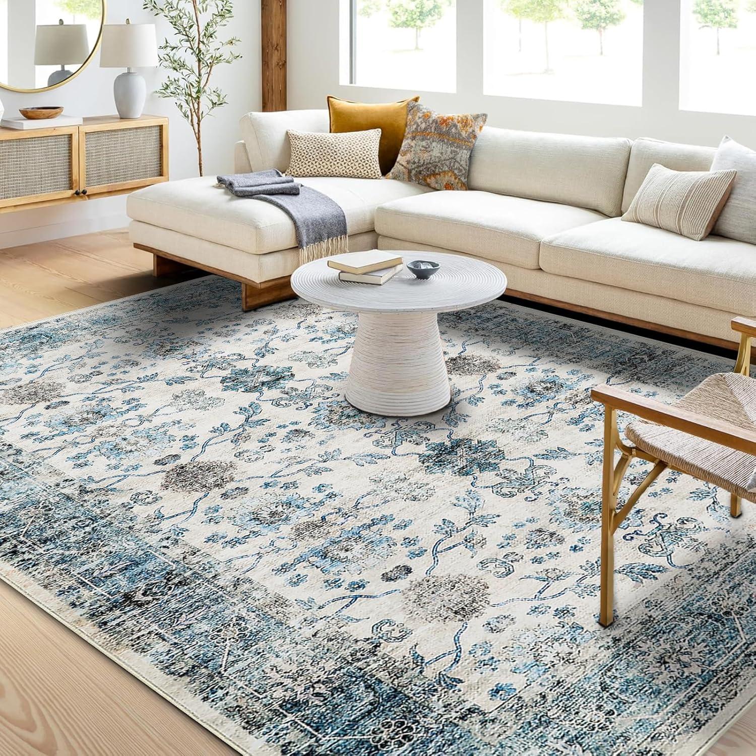 imageDintszyayue Area Rug 8x10 Washable Rugs Blue Boho Soft NonSlip Faux Wool Vintage Rug for Living Room Bedroom Rug Dining Room Farmhouse Blue 8x10Blue