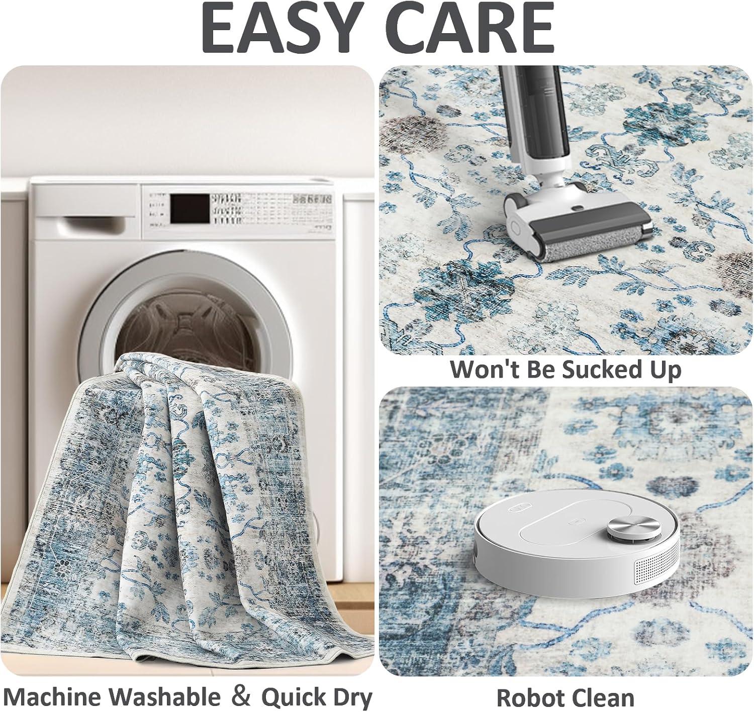 imageDintszyayue Area Rug 8x10 Washable Rugs Blue Boho Soft NonSlip Faux Wool Vintage Rug for Living Room Bedroom Rug Dining Room Farmhouse Blue 8x10Blue