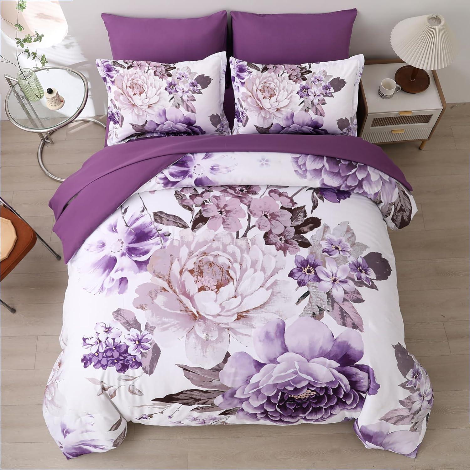 imageDintszyayue Black Comforter Set King Size 7 Pieces Pink Floral Bed in a Bag Complete Bedding Sets Elegant Flower Bed Set Comforter for All Season with Flat Sheet Fitted Sheets Pillowcases ampamp ShamsPurple