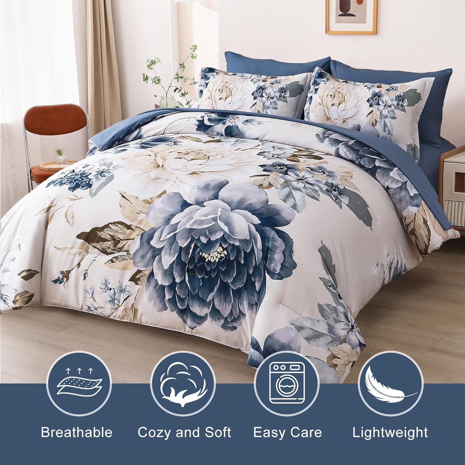 imageDintszyayue Black Comforter Set King Size 7 Pieces Pink Floral Bed in a Bag Complete Bedding Sets Elegant Flower Bed Set Comforter for All Season with Flat Sheet Fitted Sheets Pillowcases ampamp ShamsDark Blue