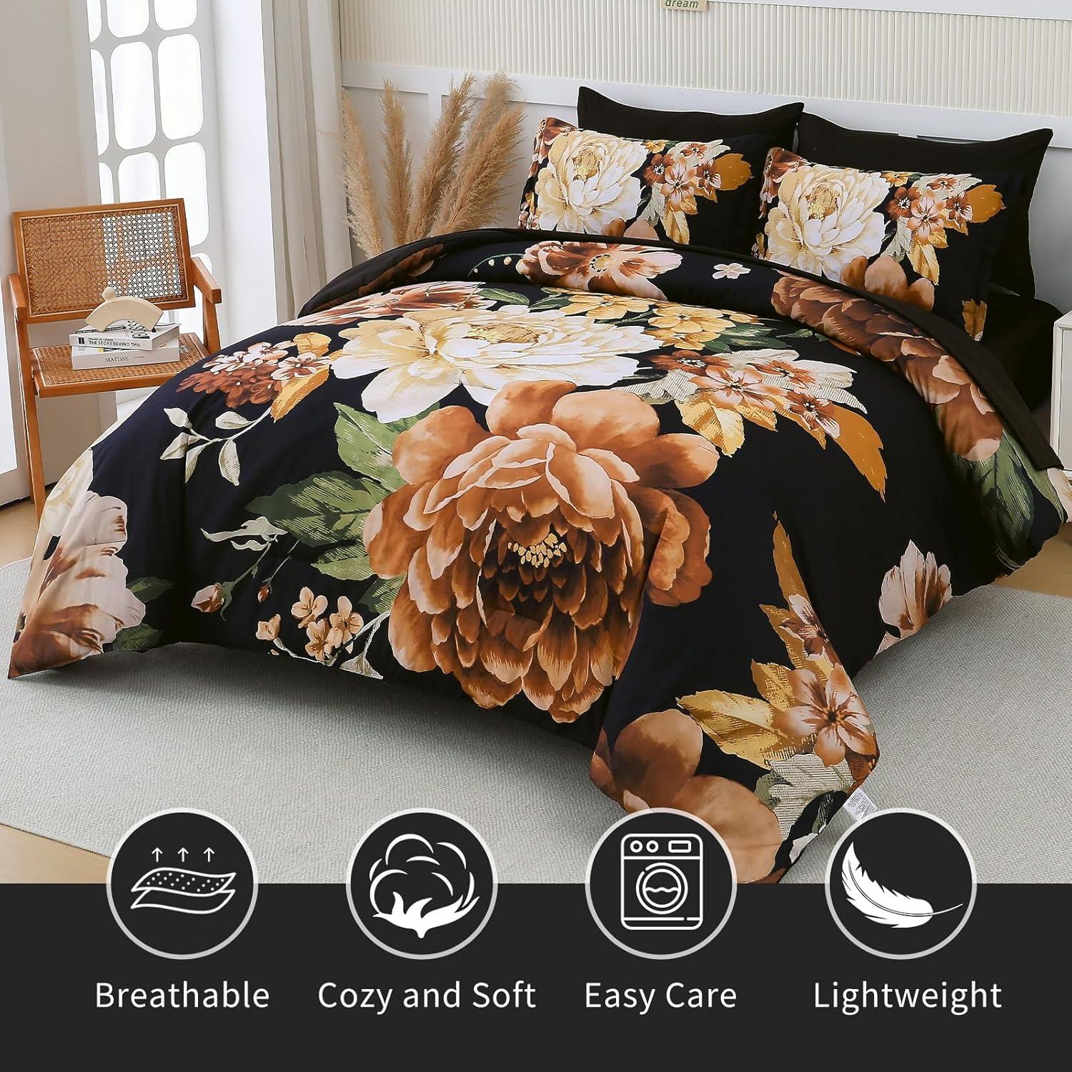 imageDintszyayue Black Comforter Set King Size 7 Pieces Pink Floral Bed in a Bag Complete Bedding Sets Elegant Flower Bed Set Comforter for All Season with Flat Sheet Fitted Sheets Pillowcases ampamp ShamsBlack Boho