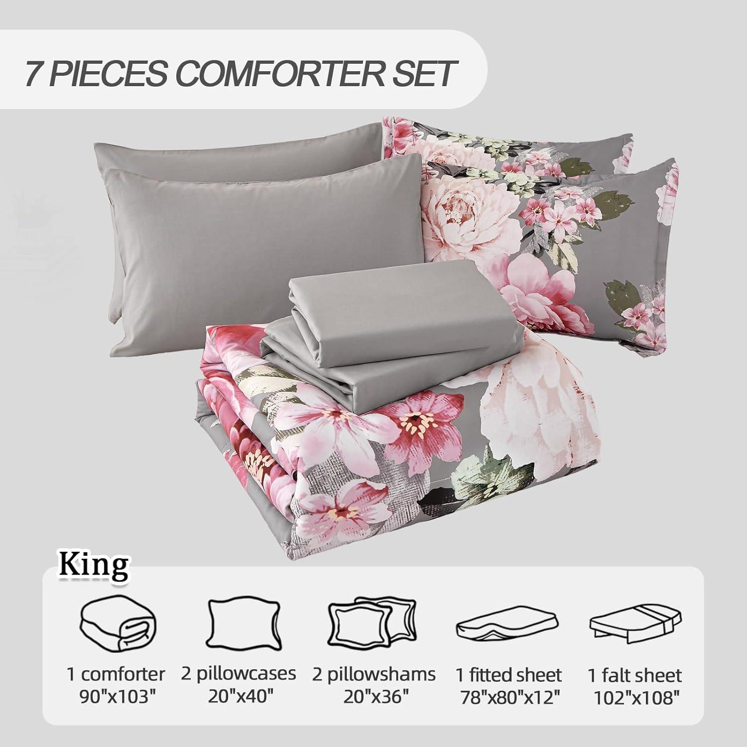 imageDintszyayue Black Comforter Set King Size 7 Pieces Pink Floral Bed in a Bag Complete Bedding Sets Elegant Flower Bed Set Comforter for All Season with Flat Sheet Fitted Sheets Pillowcases ampamp ShamsGrey