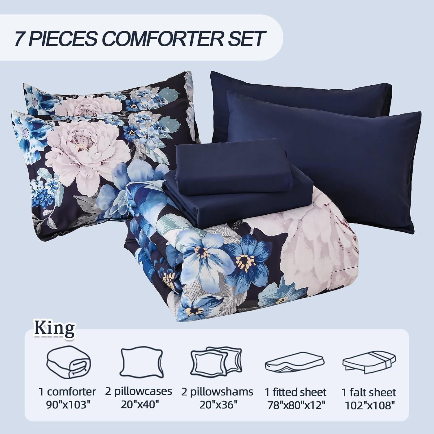 imageDintszyayue Black Comforter Set King Size 7 Pieces Pink Floral Bed in a Bag Complete Bedding Sets Elegant Flower Bed Set Comforter for All Season with Flat Sheet Fitted Sheets Pillowcases ampamp ShamsNavy Blue