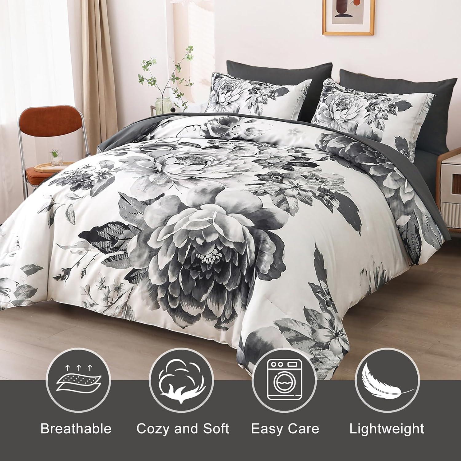 imageDintszyayue Black Comforter Set King Size 7 Pieces Pink Floral Bed in a Bag Complete Bedding Sets Elegant Flower Bed Set Comforter for All Season with Flat Sheet Fitted Sheets Pillowcases ampamp ShamsGrey White