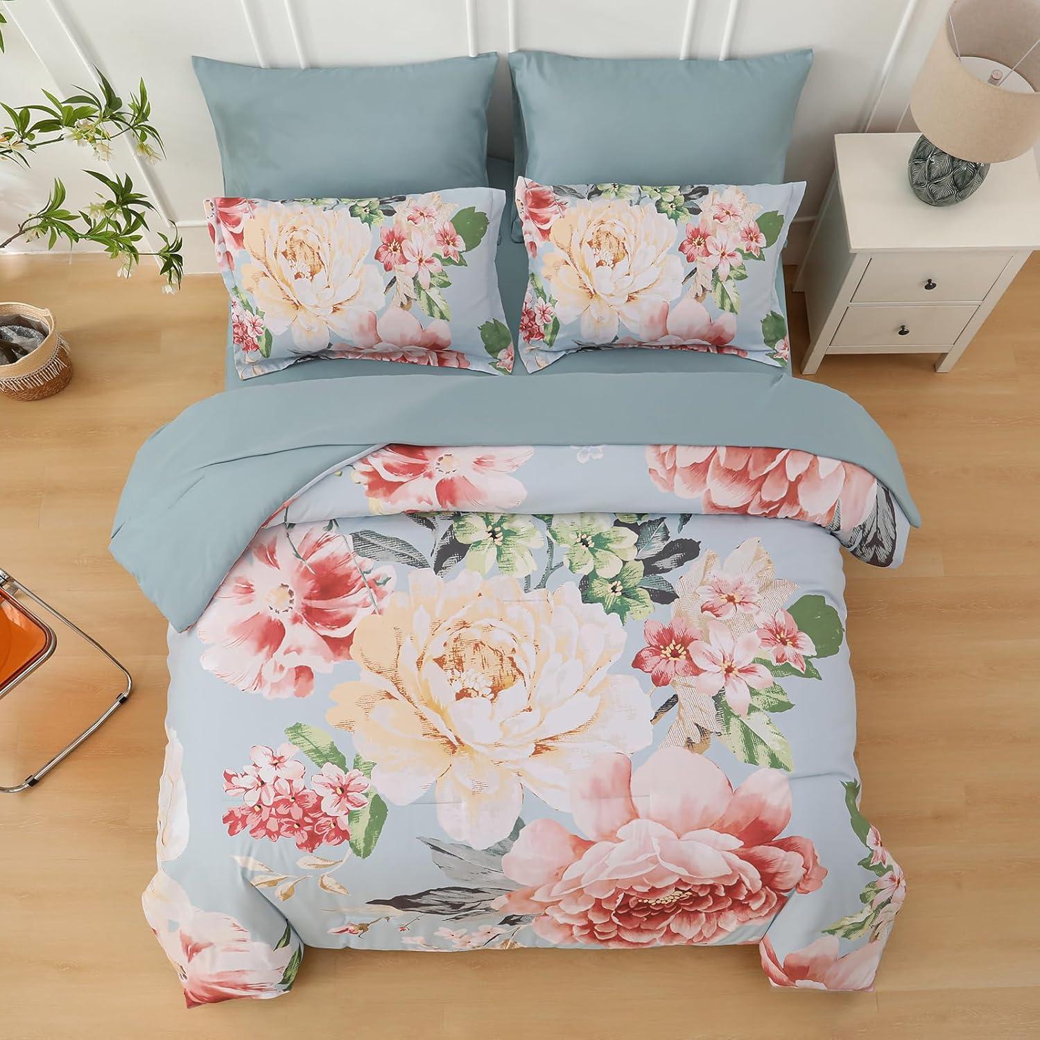 imageDintszyayue Black Comforter Set King Size 7 Pieces Pink Floral Bed in a Bag Complete Bedding Sets Elegant Flower Bed Set Comforter for All Season with Flat Sheet Fitted Sheets Pillowcases ampamp ShamsGreen Pink