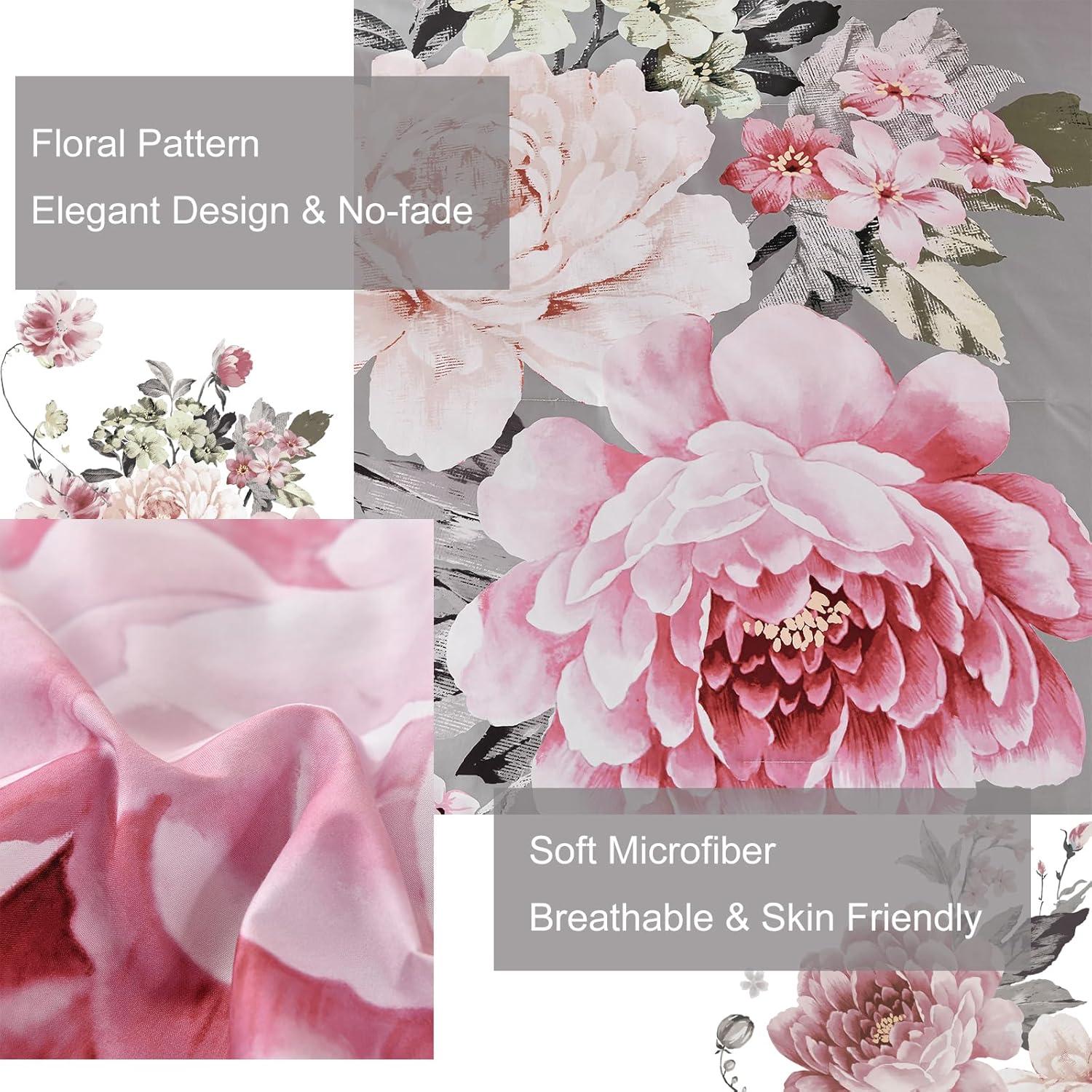 imageDintszyayue Black Comforter Set King Size 7 Pieces Pink Floral Bed in a Bag Complete Bedding Sets Elegant Flower Bed Set Comforter for All Season with Flat Sheet Fitted Sheets Pillowcases ampamp ShamsGrey