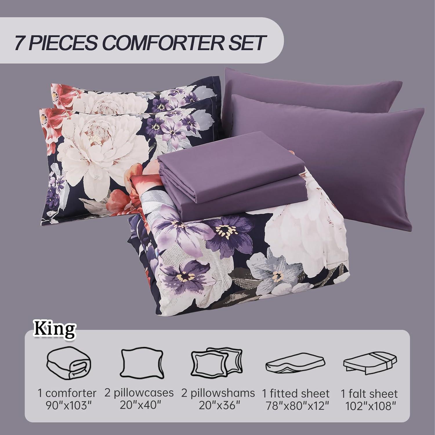 imageDintszyayue Black Comforter Set King Size 7 Pieces Pink Floral Bed in a Bag Complete Bedding Sets Elegant Flower Bed Set Comforter for All Season with Flat Sheet Fitted Sheets Pillowcases ampamp ShamsDark Purple
