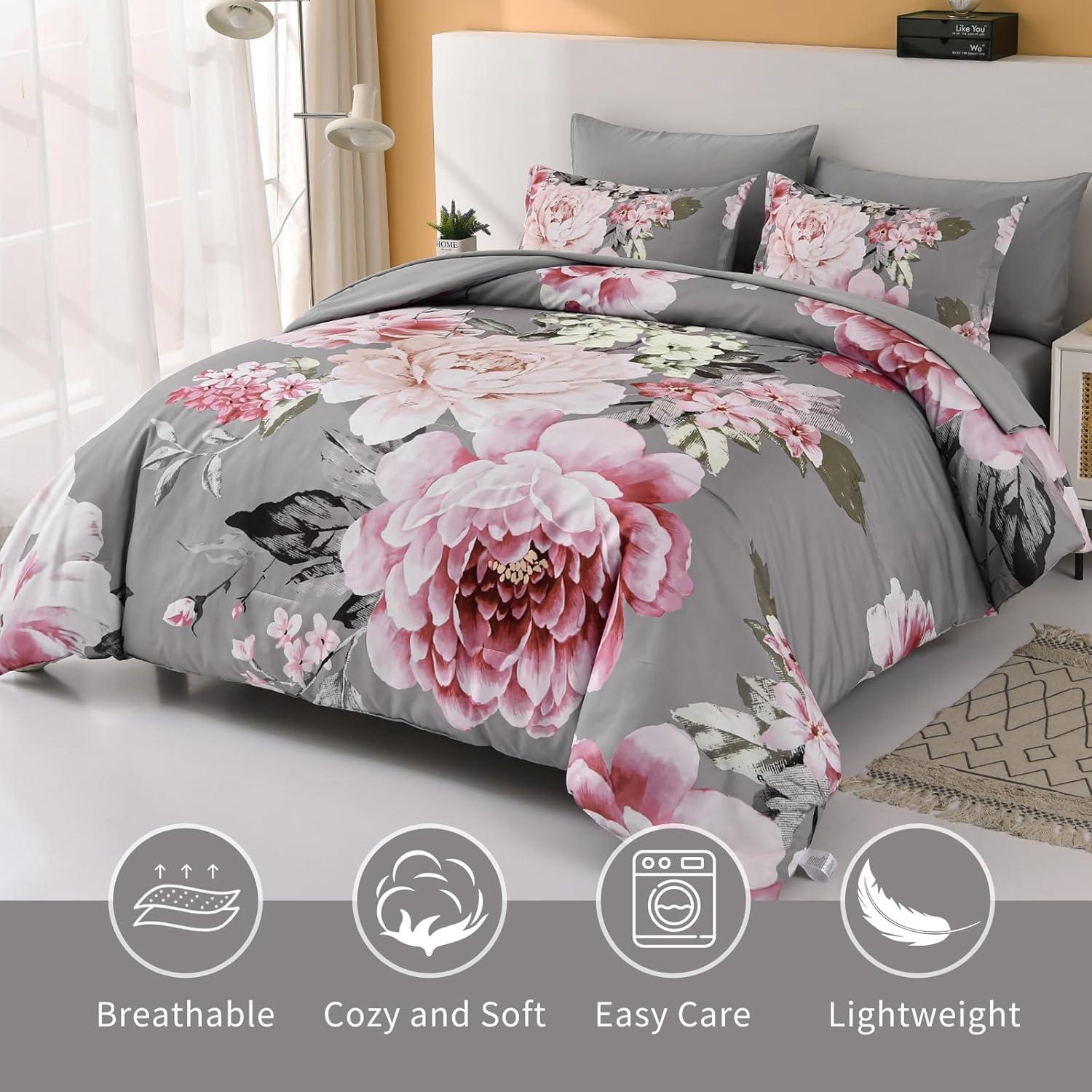 imageDintszyayue Black Comforter Set King Size 7 Pieces Pink Floral Bed in a Bag Complete Bedding Sets Elegant Flower Bed Set Comforter for All Season with Flat Sheet Fitted Sheets Pillowcases ampamp ShamsGrey
