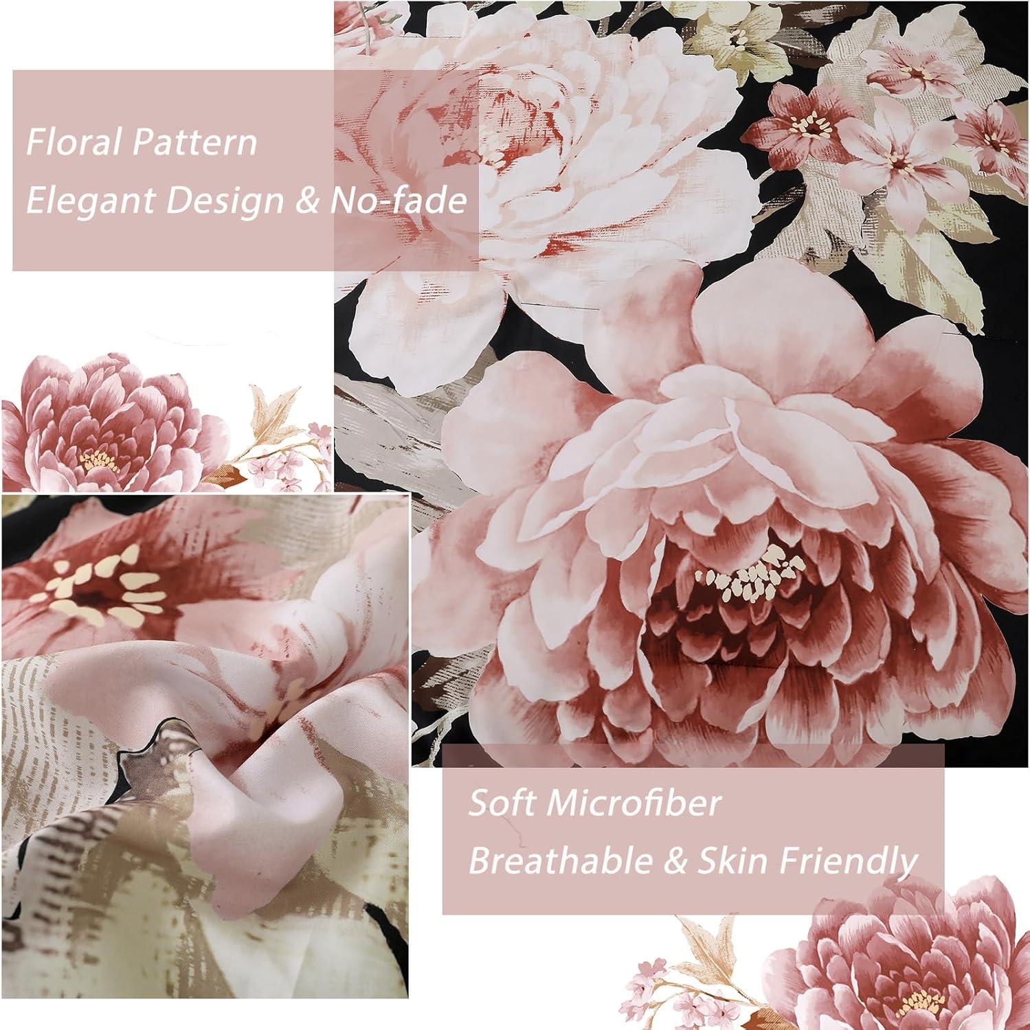 imageDintszyayue Black Comforter Set King Size 7 Pieces Pink Floral Bed in a Bag Complete Bedding Sets Elegant Flower Bed Set Comforter for All Season with Flat Sheet Fitted Sheets Pillowcases ampamp ShamsBlack