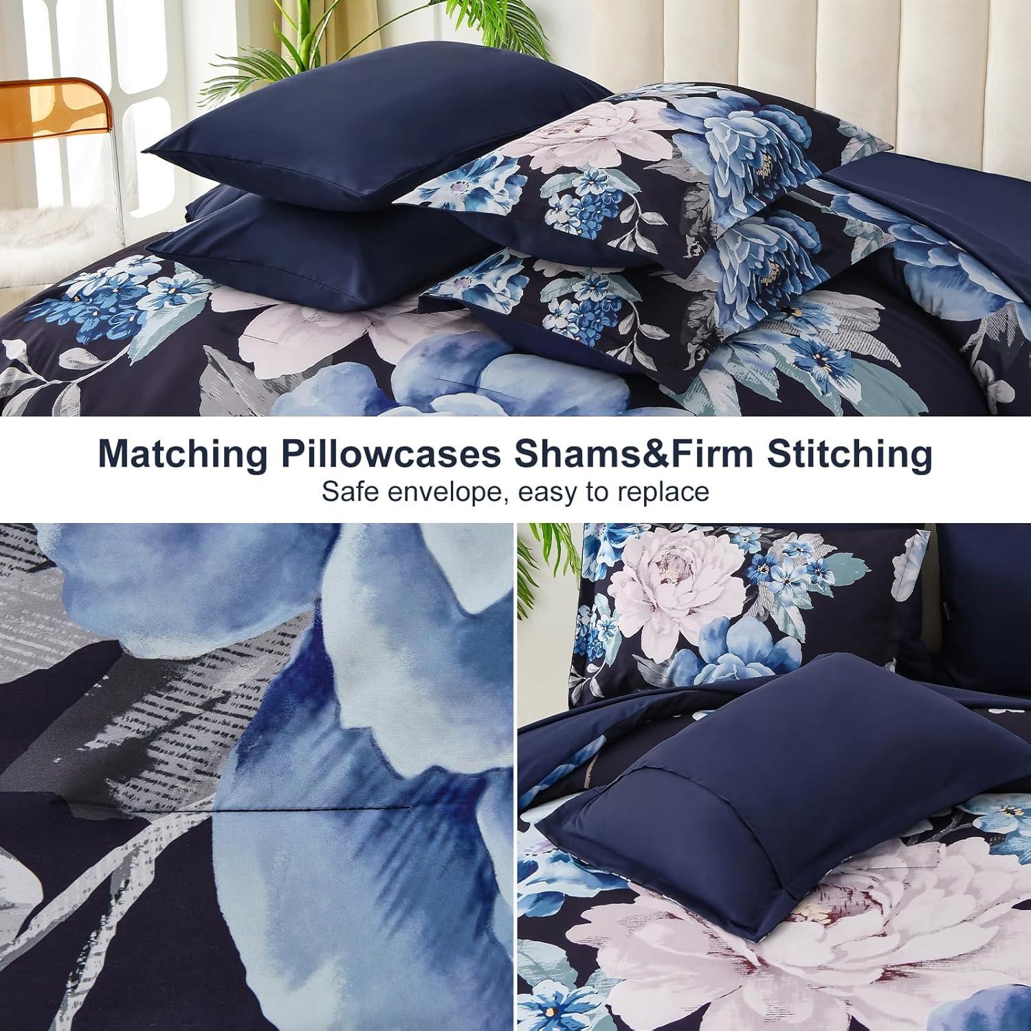 imageDintszyayue Black Comforter Set King Size 7 Pieces Pink Floral Bed in a Bag Complete Bedding Sets Elegant Flower Bed Set Comforter for All Season with Flat Sheet Fitted Sheets Pillowcases ampamp ShamsNavy Blue