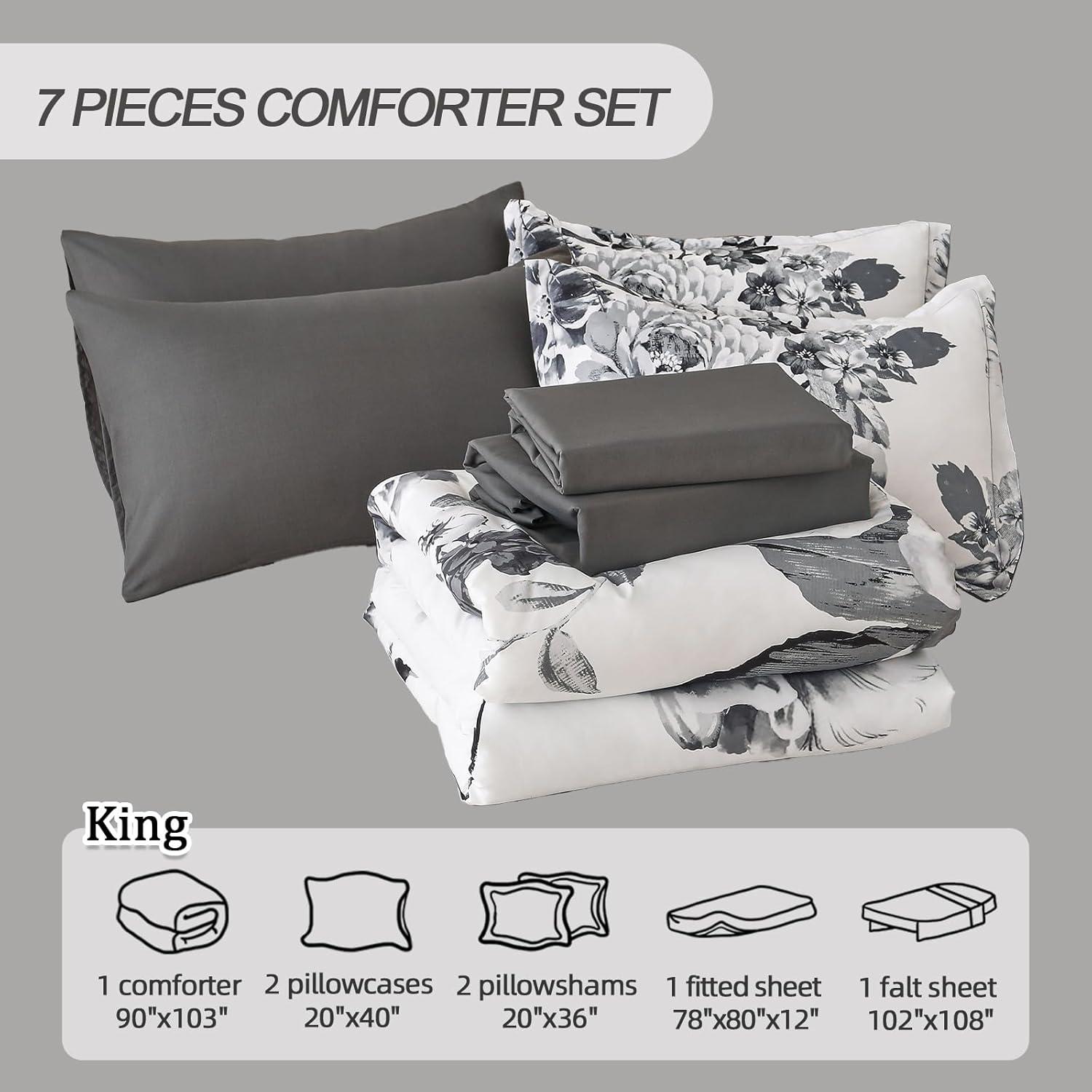 imageDintszyayue Black Comforter Set King Size 7 Pieces Pink Floral Bed in a Bag Complete Bedding Sets Elegant Flower Bed Set Comforter for All Season with Flat Sheet Fitted Sheets Pillowcases ampamp ShamsGrey White