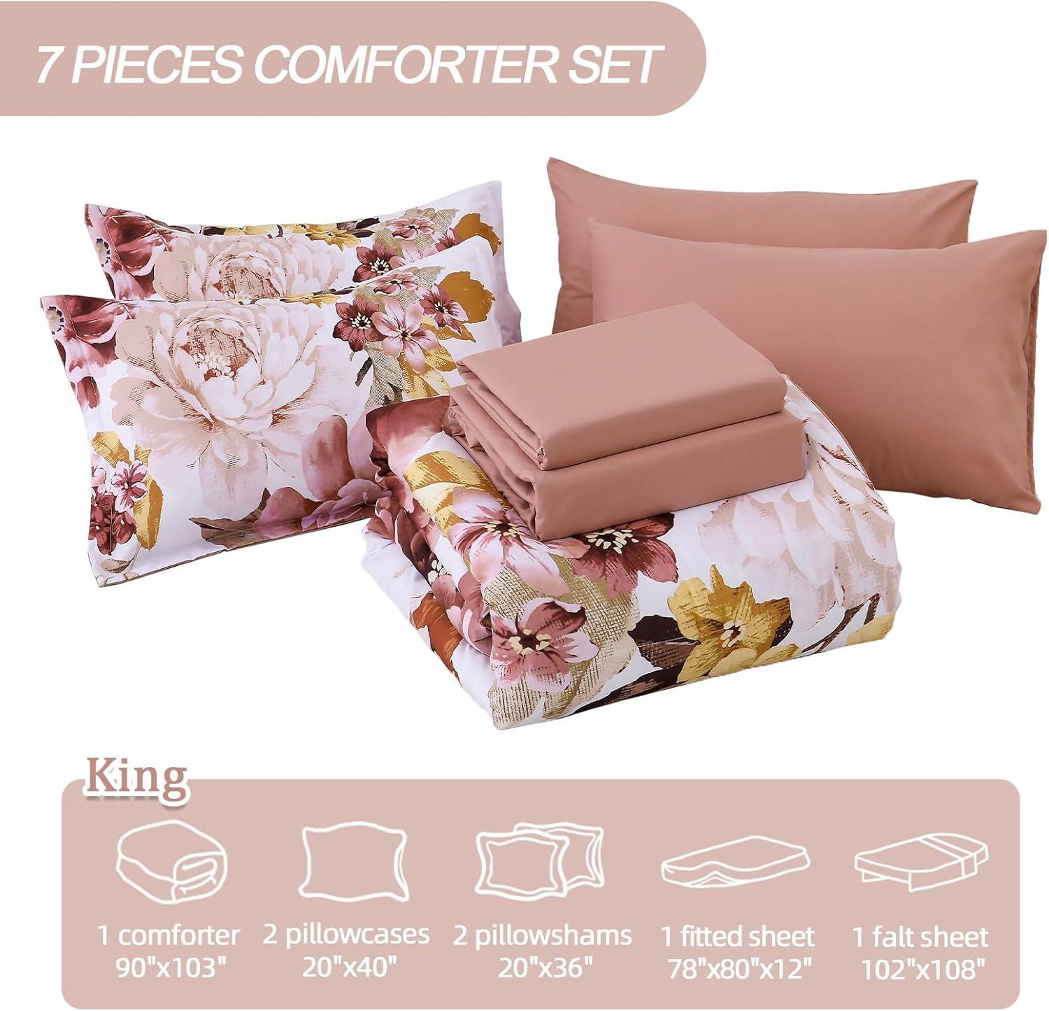 imageDintszyayue Black Comforter Set King Size 7 Pieces Pink Floral Bed in a Bag Complete Bedding Sets Elegant Flower Bed Set Comforter for All Season with Flat Sheet Fitted Sheets Pillowcases ampamp ShamsBlush