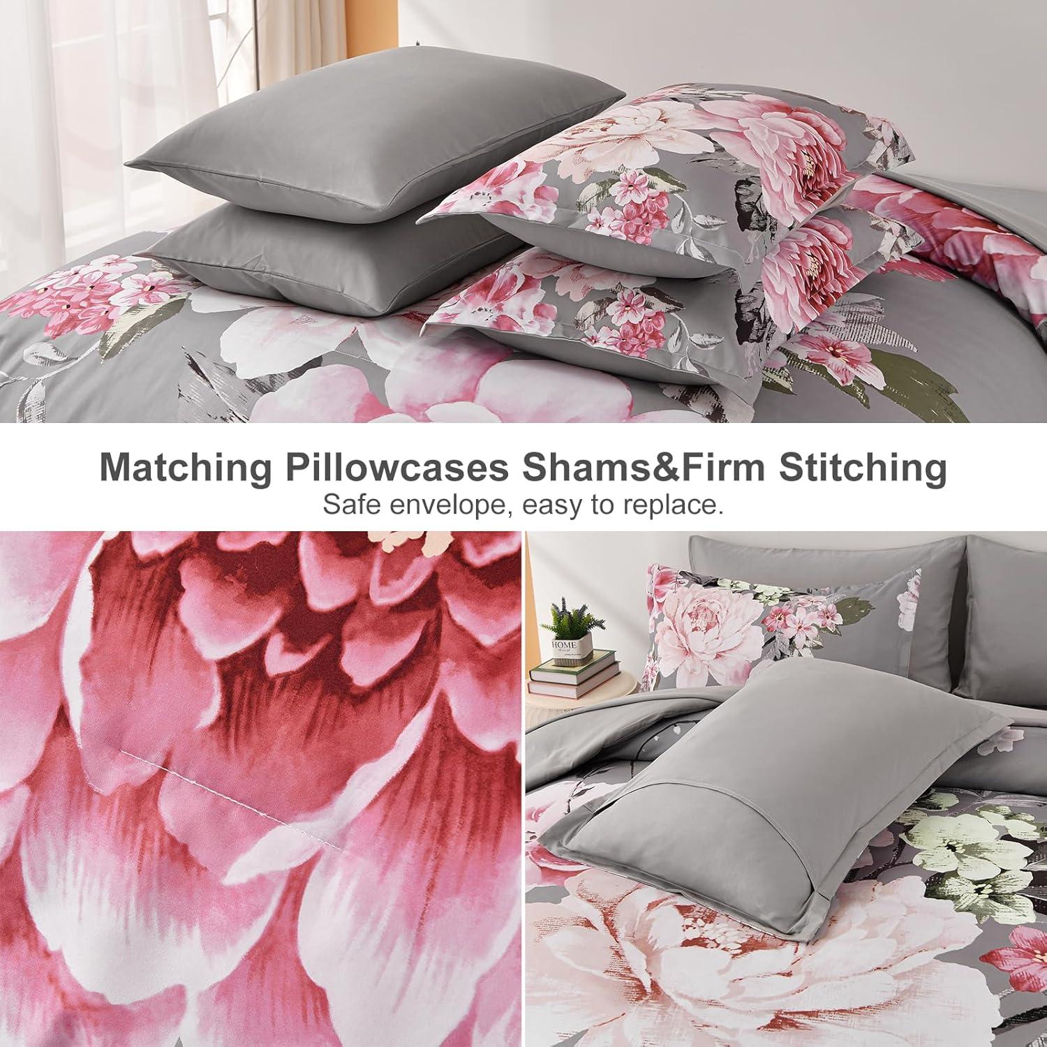 imageDintszyayue Black Comforter Set King Size 7 Pieces Pink Floral Bed in a Bag Complete Bedding Sets Elegant Flower Bed Set Comforter for All Season with Flat Sheet Fitted Sheets Pillowcases ampamp ShamsGrey