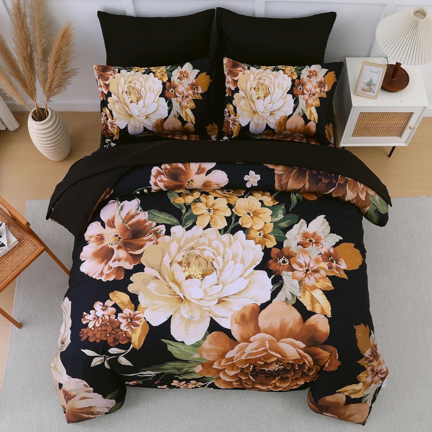 imageDintszyayue Black Comforter Set King Size 7 Pieces Pink Floral Bed in a Bag Complete Bedding Sets Elegant Flower Bed Set Comforter for All Season with Flat Sheet Fitted Sheets Pillowcases ampamp ShamsBlack Boho