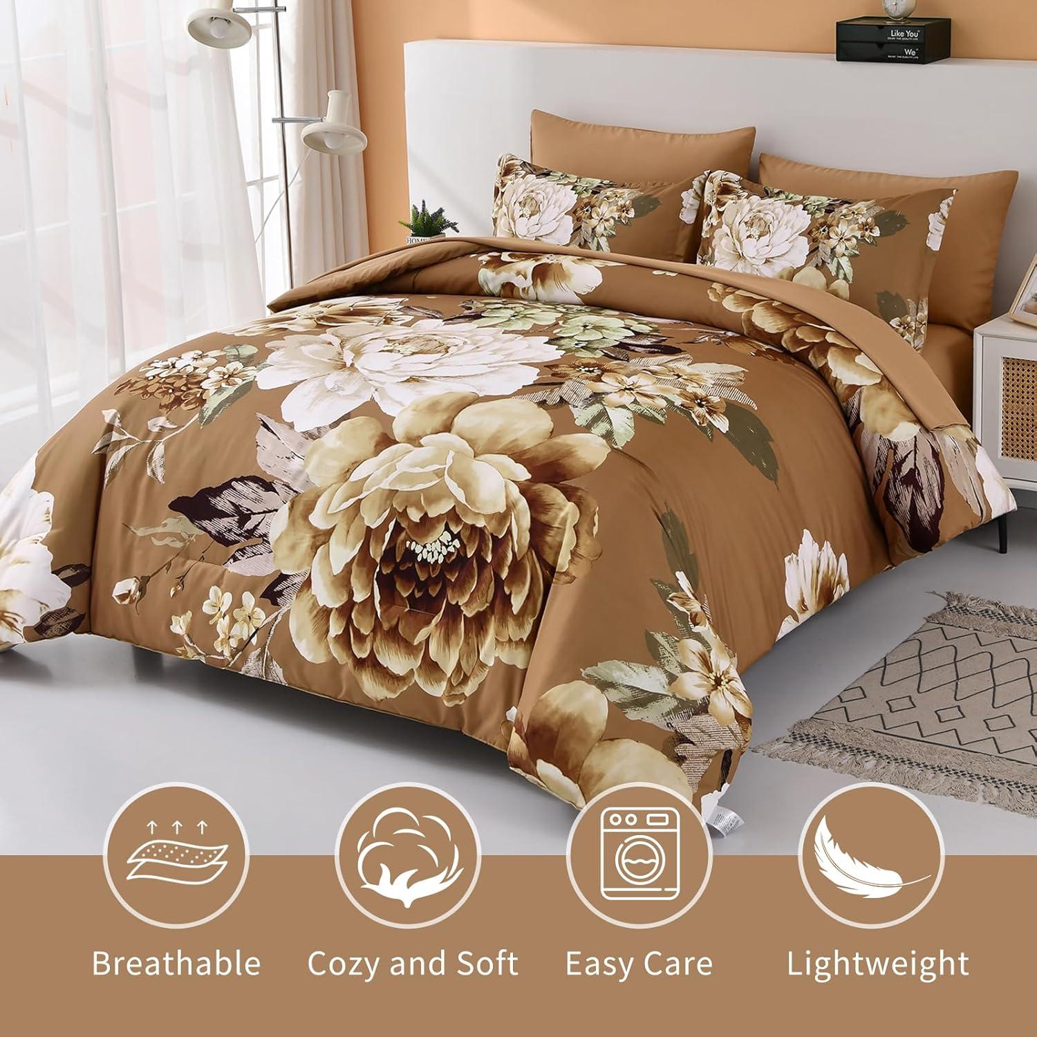 imageDintszyayue Black Comforter Set King Size 7 Pieces Pink Floral Bed in a Bag Complete Bedding Sets Elegant Flower Bed Set Comforter for All Season with Flat Sheet Fitted Sheets Pillowcases ampamp ShamsBrown