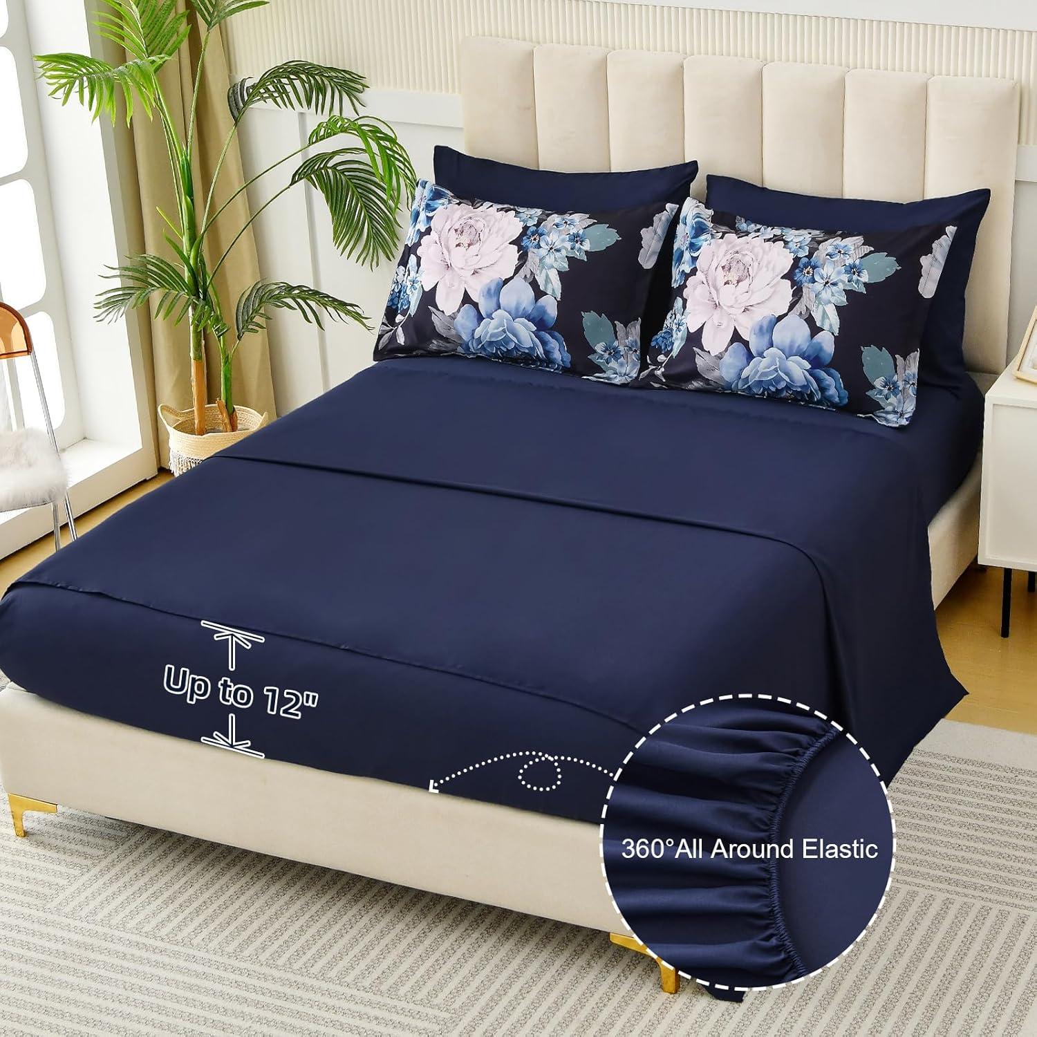 imageDintszyayue Black Comforter Set King Size 7 Pieces Pink Floral Bed in a Bag Complete Bedding Sets Elegant Flower Bed Set Comforter for All Season with Flat Sheet Fitted Sheets Pillowcases ampamp ShamsNavy Blue
