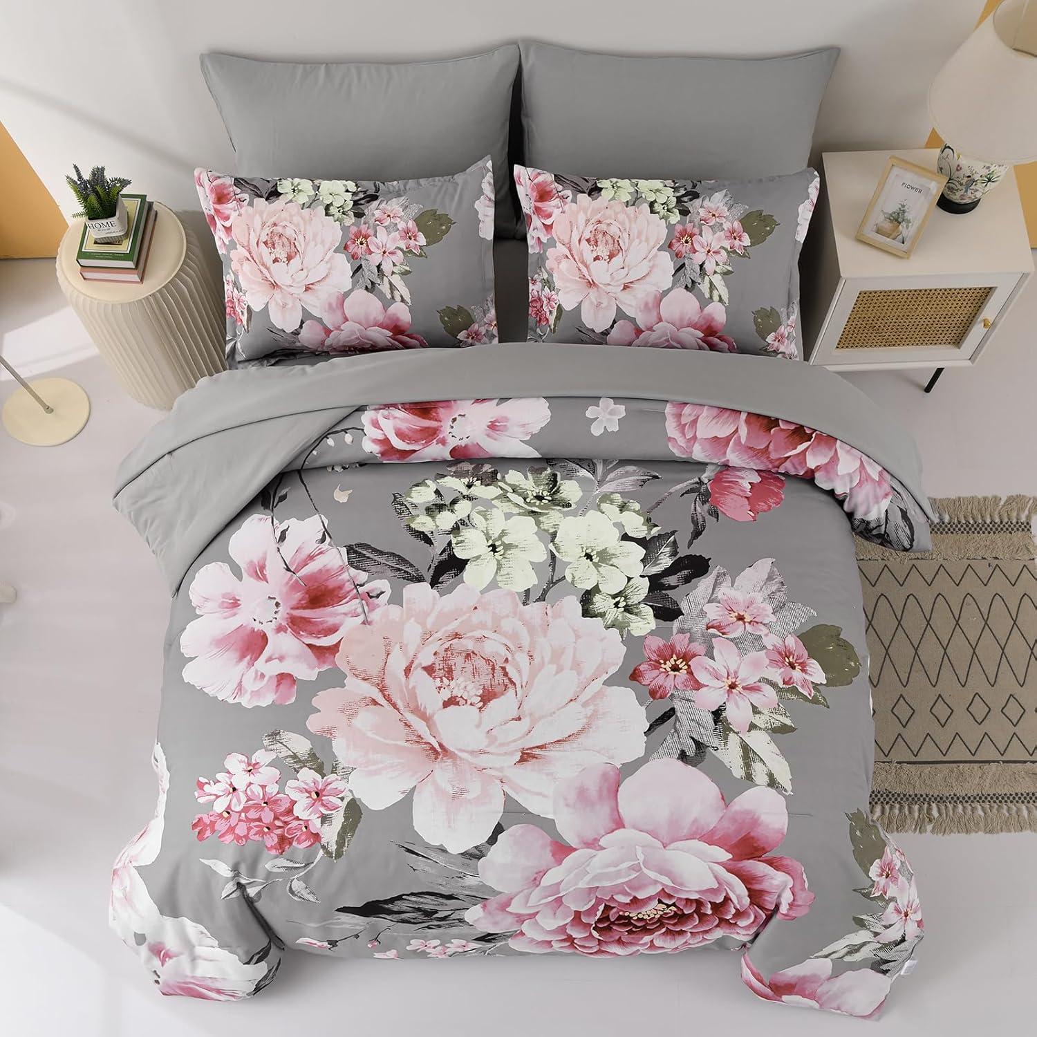 imageDintszyayue Black Comforter Set King Size 7 Pieces Pink Floral Bed in a Bag Complete Bedding Sets Elegant Flower Bed Set Comforter for All Season with Flat Sheet Fitted Sheets Pillowcases ampamp ShamsGrey