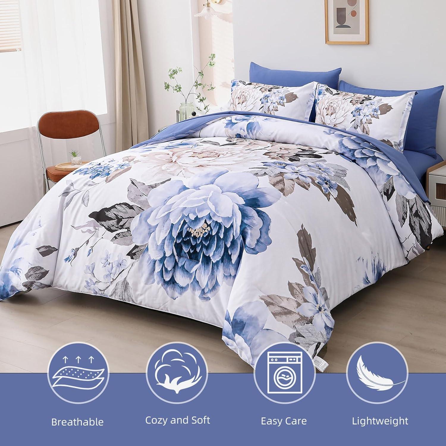 imageDintszyayue Black Comforter Set King Size 7 Pieces Pink Floral Bed in a Bag Complete Bedding Sets Elegant Flower Bed Set Comforter for All Season with Flat Sheet Fitted Sheets Pillowcases ampamp ShamsBlue