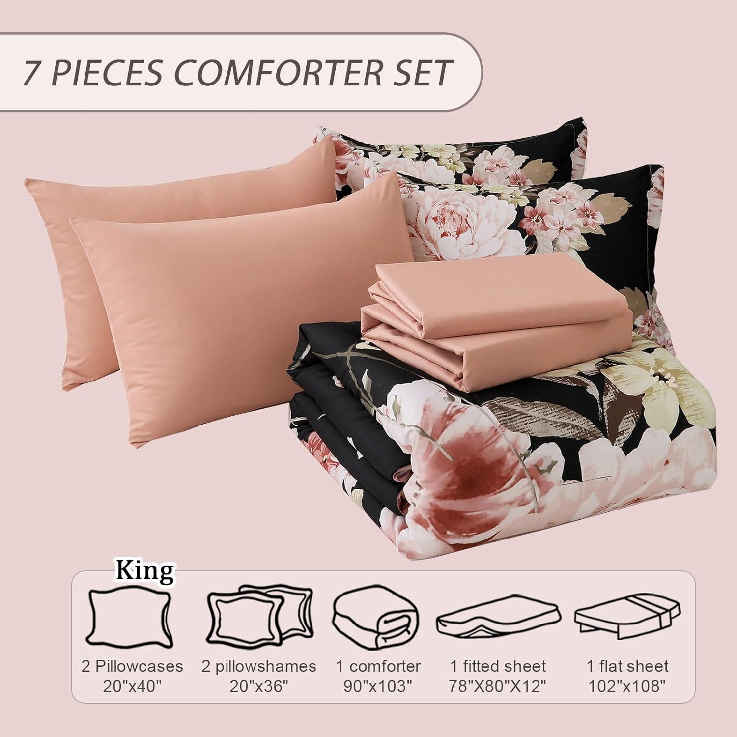 imageDintszyayue Black Comforter Set King Size 7 Pieces Pink Floral Bed in a Bag Complete Bedding Sets Elegant Flower Bed Set Comforter for All Season with Flat Sheet Fitted Sheets Pillowcases ampamp ShamsBlack