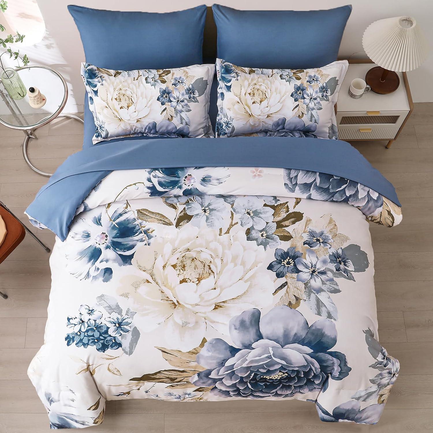 imageDintszyayue Black Comforter Set King Size 7 Pieces Pink Floral Bed in a Bag Complete Bedding Sets Elegant Flower Bed Set Comforter for All Season with Flat Sheet Fitted Sheets Pillowcases ampamp ShamsDark Blue