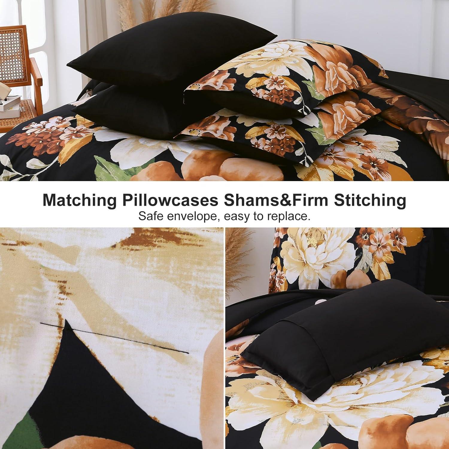 imageDintszyayue Black Comforter Set King Size 7 Pieces Pink Floral Bed in a Bag Complete Bedding Sets Elegant Flower Bed Set Comforter for All Season with Flat Sheet Fitted Sheets Pillowcases ampamp ShamsBlack Boho