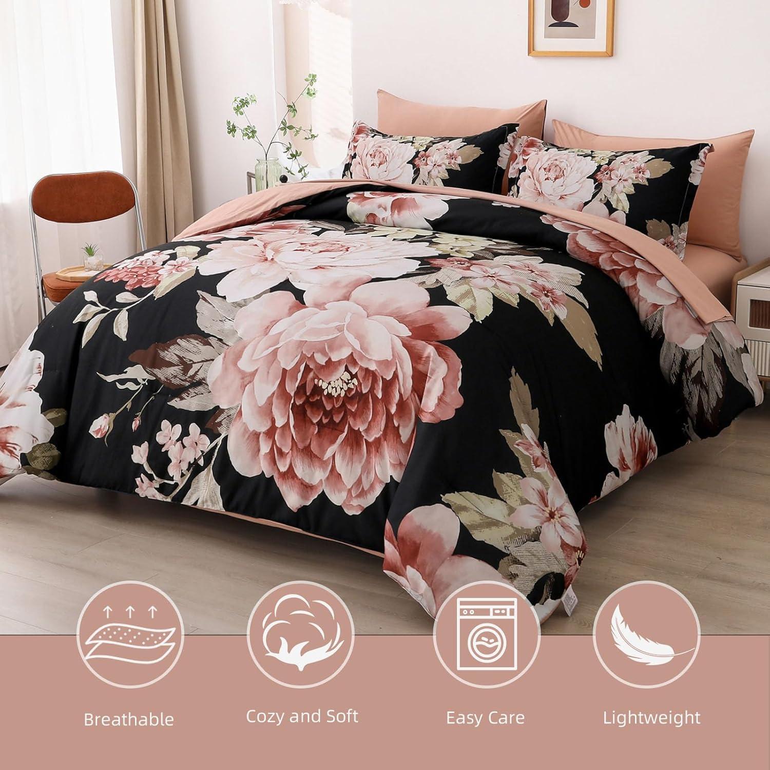 imageDintszyayue Black Comforter Set King Size 7 Pieces Pink Floral Bed in a Bag Complete Bedding Sets Elegant Flower Bed Set Comforter for All Season with Flat Sheet Fitted Sheets Pillowcases ampamp ShamsBlack