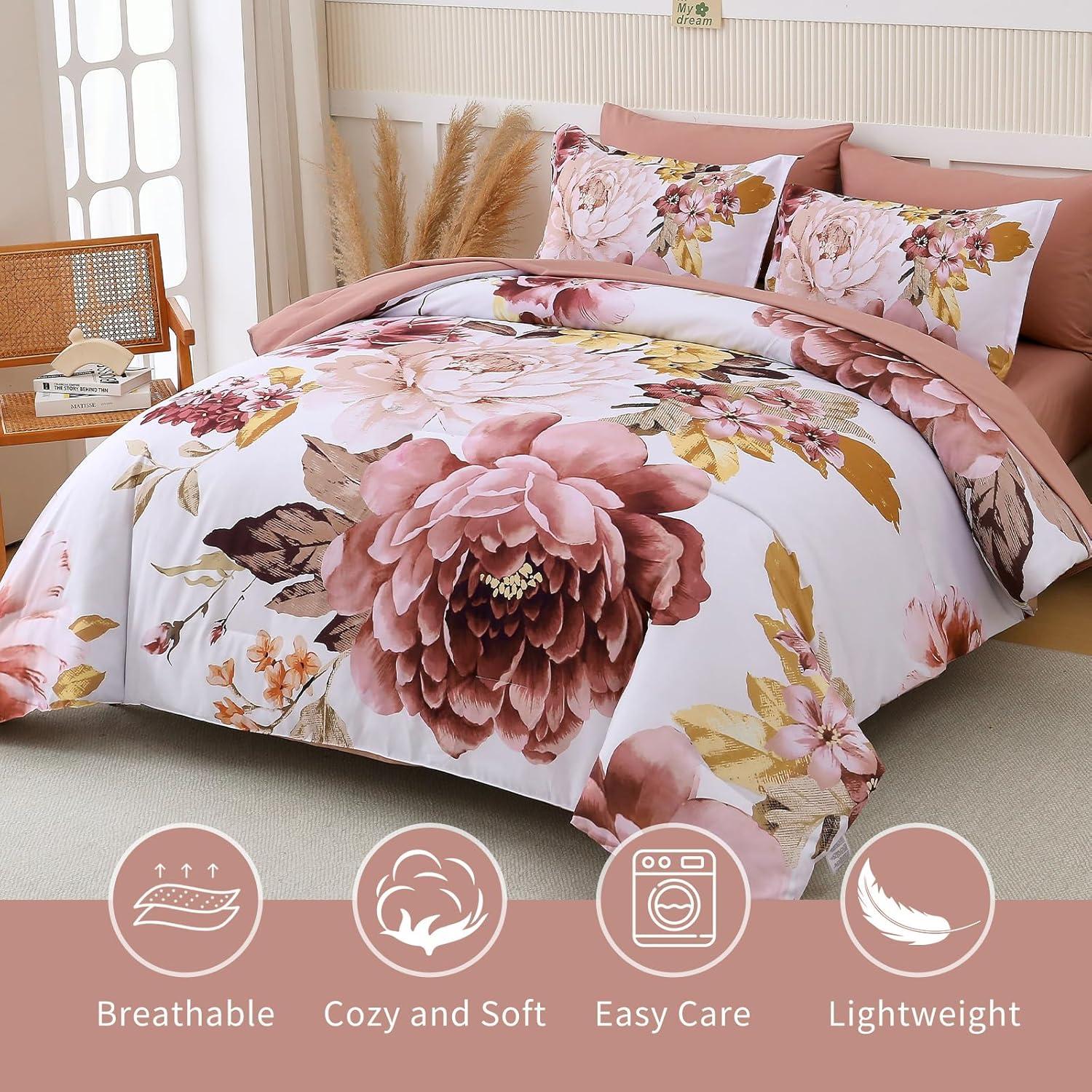 imageDintszyayue Black Comforter Set King Size 7 Pieces Pink Floral Bed in a Bag Complete Bedding Sets Elegant Flower Bed Set Comforter for All Season with Flat Sheet Fitted Sheets Pillowcases ampamp ShamsBlush