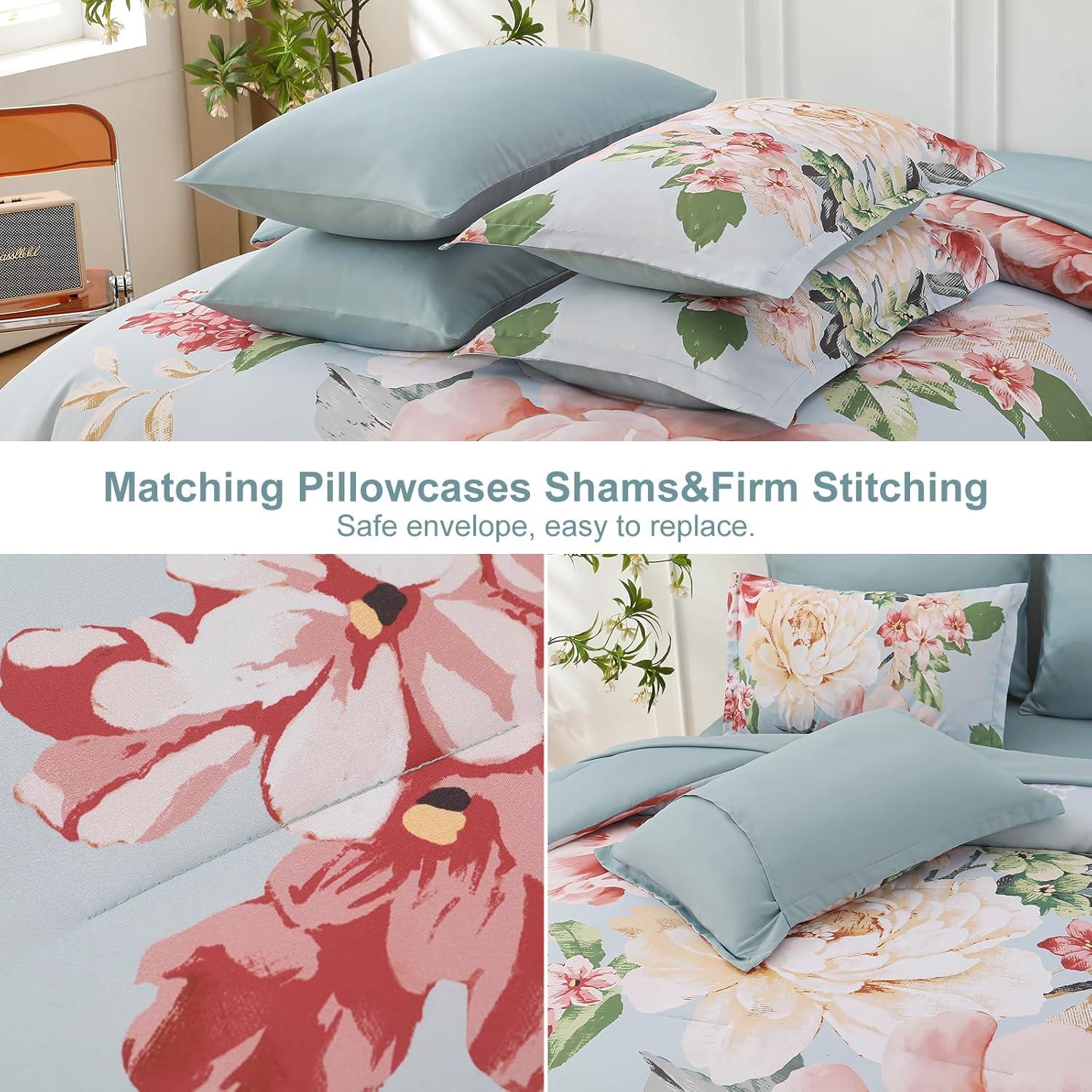 imageDintszyayue Black Comforter Set King Size 7 Pieces Pink Floral Bed in a Bag Complete Bedding Sets Elegant Flower Bed Set Comforter for All Season with Flat Sheet Fitted Sheets Pillowcases ampamp ShamsGreen Pink