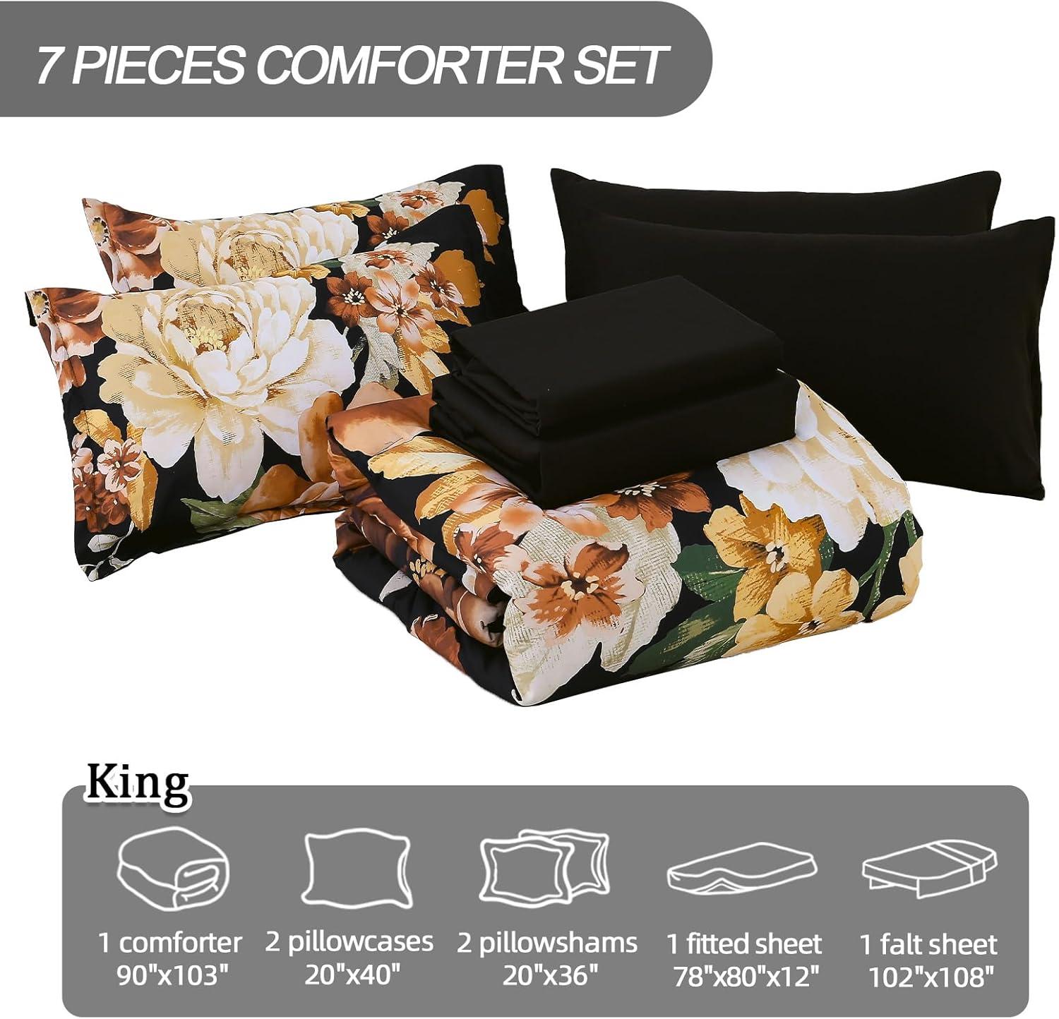 imageDintszyayue Black Comforter Set King Size 7 Pieces Pink Floral Bed in a Bag Complete Bedding Sets Elegant Flower Bed Set Comforter for All Season with Flat Sheet Fitted Sheets Pillowcases ampamp ShamsBlack Boho