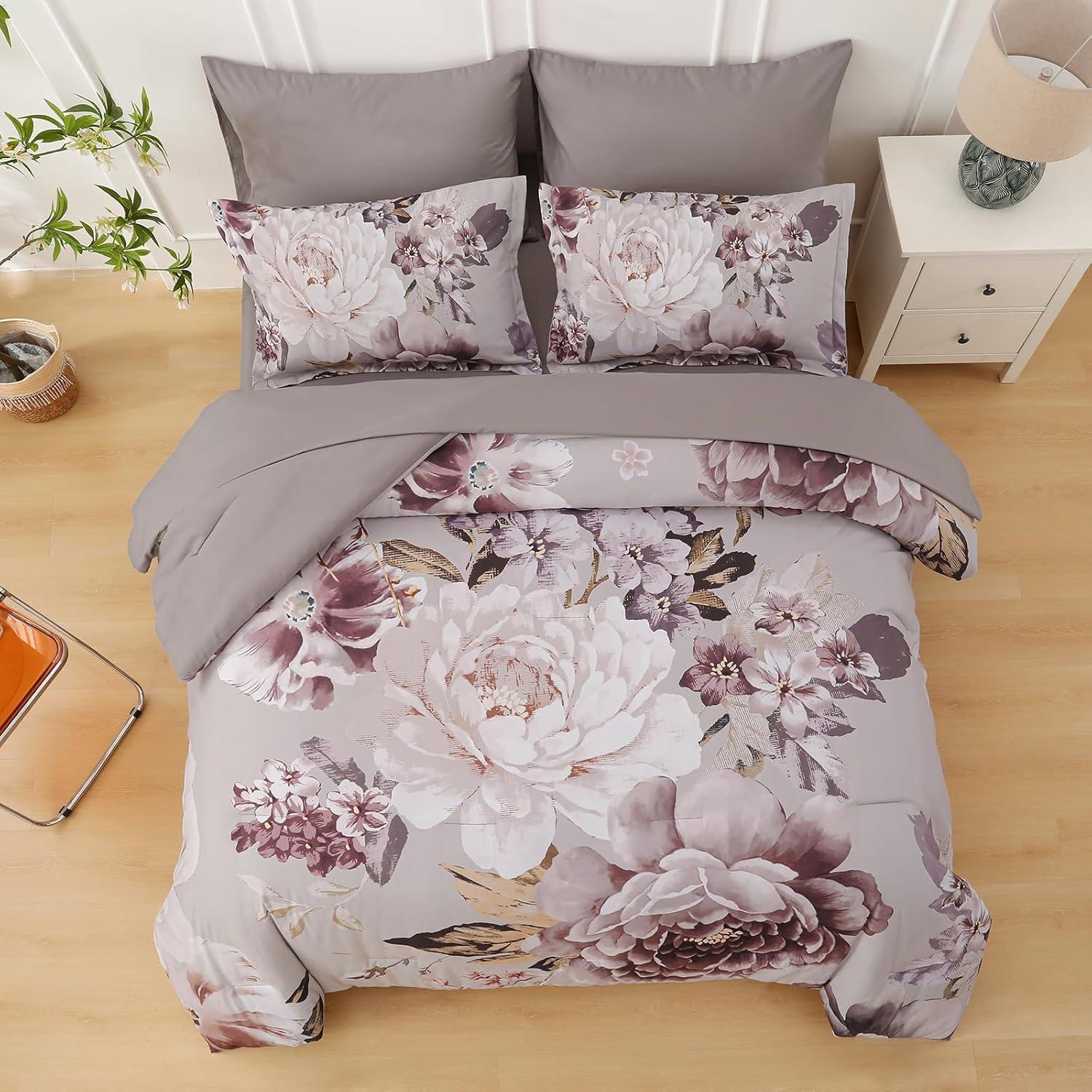 imageDintszyayue Black Comforter Set King Size 7 Pieces Pink Floral Bed in a Bag Complete Bedding Sets Elegant Flower Bed Set Comforter for All Season with Flat Sheet Fitted Sheets Pillowcases ampamp ShamsTaupe