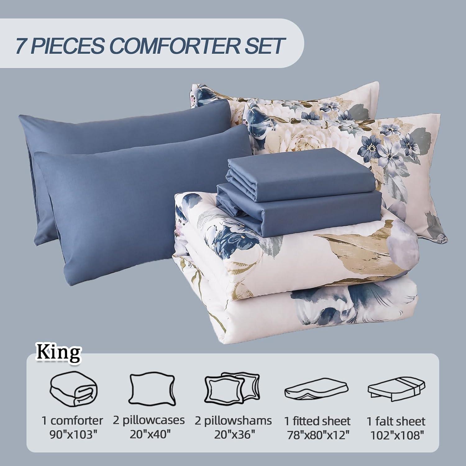 imageDintszyayue Black Comforter Set King Size 7 Pieces Pink Floral Bed in a Bag Complete Bedding Sets Elegant Flower Bed Set Comforter for All Season with Flat Sheet Fitted Sheets Pillowcases ampamp ShamsDark Blue
