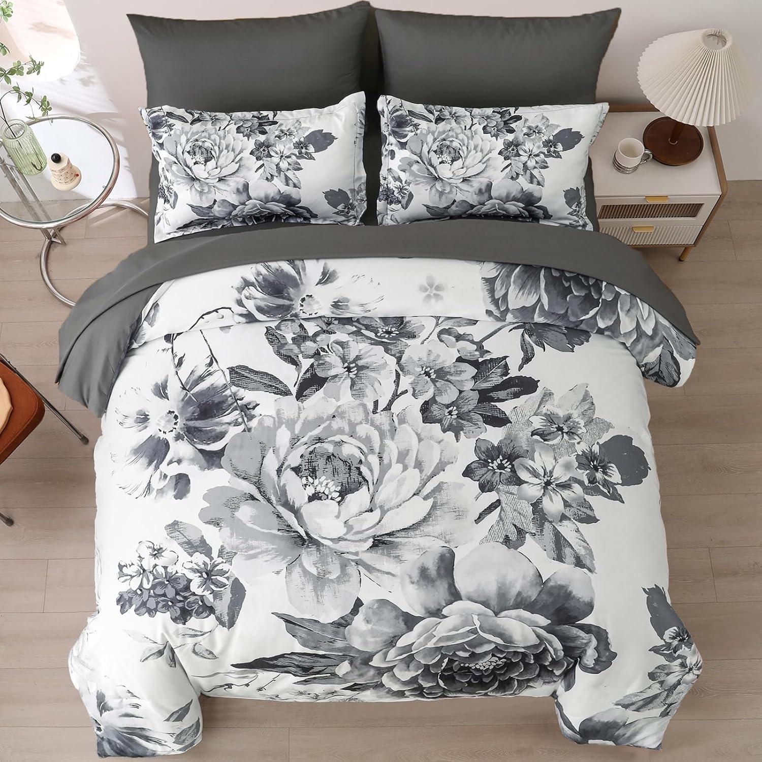 imageDintszyayue Black Comforter Set King Size 7 Pieces Pink Floral Bed in a Bag Complete Bedding Sets Elegant Flower Bed Set Comforter for All Season with Flat Sheet Fitted Sheets Pillowcases ampamp ShamsGrey White