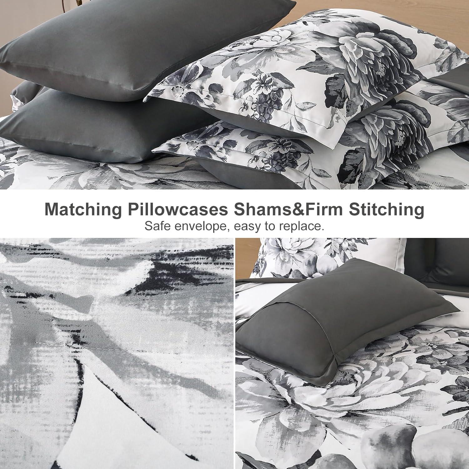 imageDintszyayue Black Comforter Set King Size 7 Pieces Pink Floral Bed in a Bag Complete Bedding Sets Elegant Flower Bed Set Comforter for All Season with Flat Sheet Fitted Sheets Pillowcases ampamp ShamsGrey White