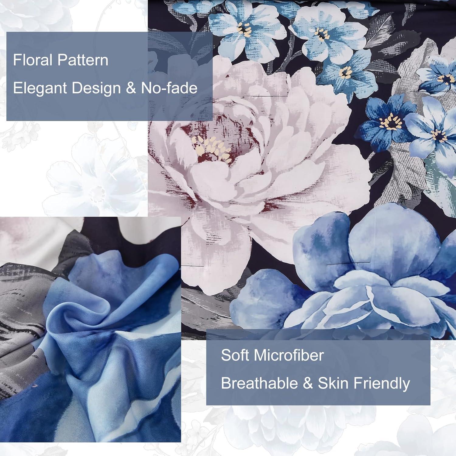 imageDintszyayue Black Comforter Set King Size 7 Pieces Pink Floral Bed in a Bag Complete Bedding Sets Elegant Flower Bed Set Comforter for All Season with Flat Sheet Fitted Sheets Pillowcases ampamp ShamsNavy Blue