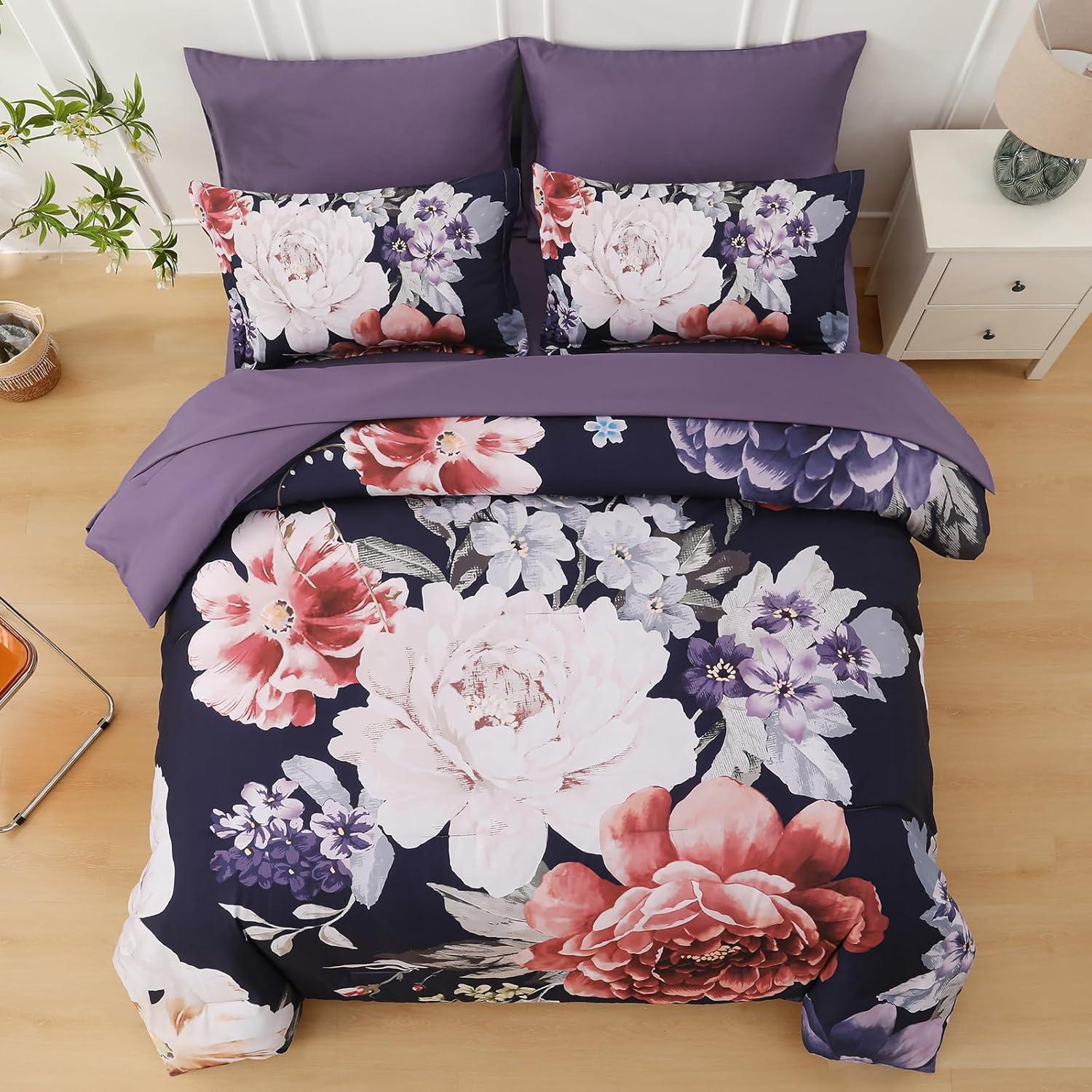 imageDintszyayue Black Comforter Set King Size 7 Pieces Pink Floral Bed in a Bag Complete Bedding Sets Elegant Flower Bed Set Comforter for All Season with Flat Sheet Fitted Sheets Pillowcases ampamp ShamsDark Purple