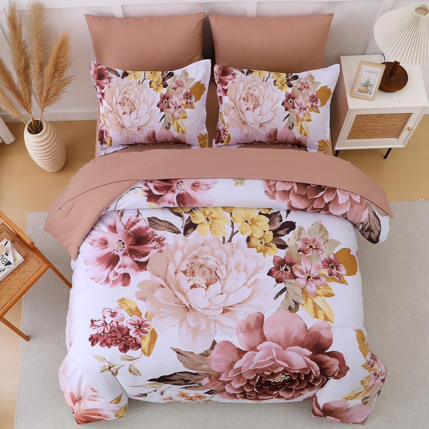 imageDintszyayue Black Comforter Set King Size 7 Pieces Pink Floral Bed in a Bag Complete Bedding Sets Elegant Flower Bed Set Comforter for All Season with Flat Sheet Fitted Sheets Pillowcases ampamp ShamsBlush