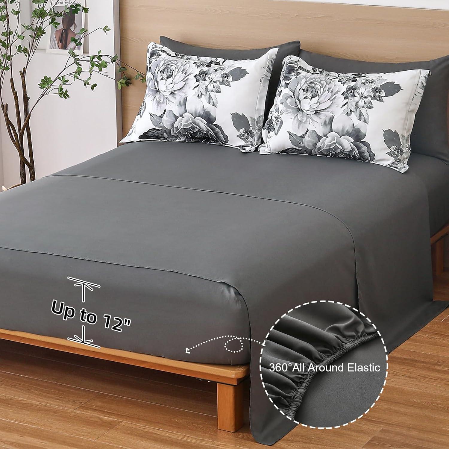imageDintszyayue Black Comforter Set King Size 7 Pieces Pink Floral Bed in a Bag Complete Bedding Sets Elegant Flower Bed Set Comforter for All Season with Flat Sheet Fitted Sheets Pillowcases ampamp ShamsGrey White