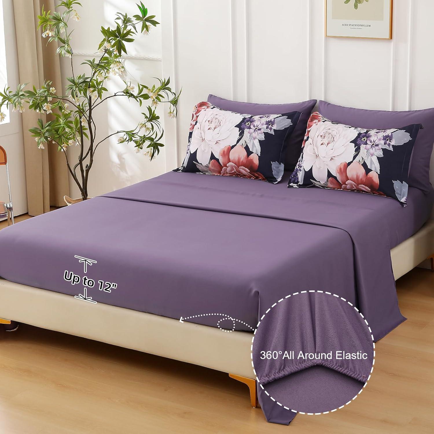 imageDintszyayue Black Comforter Set King Size 7 Pieces Pink Floral Bed in a Bag Complete Bedding Sets Elegant Flower Bed Set Comforter for All Season with Flat Sheet Fitted Sheets Pillowcases ampamp ShamsDark Purple