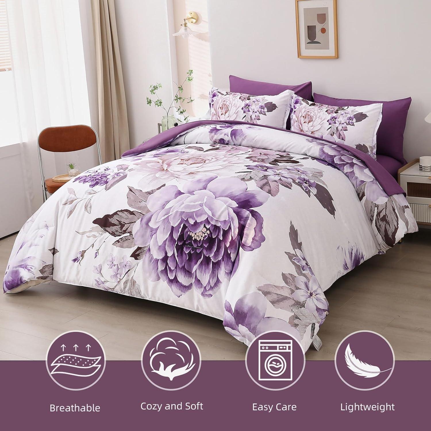 imageDintszyayue Black Comforter Set King Size 7 Pieces Pink Floral Bed in a Bag Complete Bedding Sets Elegant Flower Bed Set Comforter for All Season with Flat Sheet Fitted Sheets Pillowcases ampamp ShamsPurple