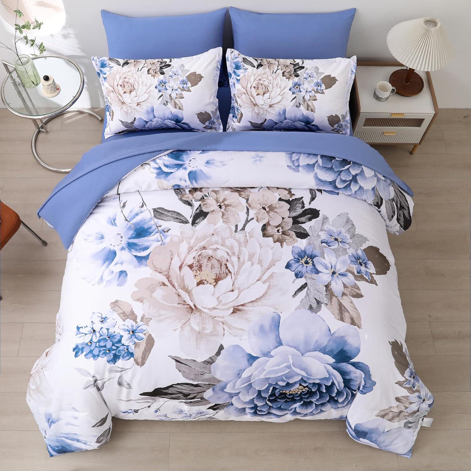 imageDintszyayue Black Comforter Set King Size 7 Pieces Pink Floral Bed in a Bag Complete Bedding Sets Elegant Flower Bed Set Comforter for All Season with Flat Sheet Fitted Sheets Pillowcases ampamp ShamsBlue