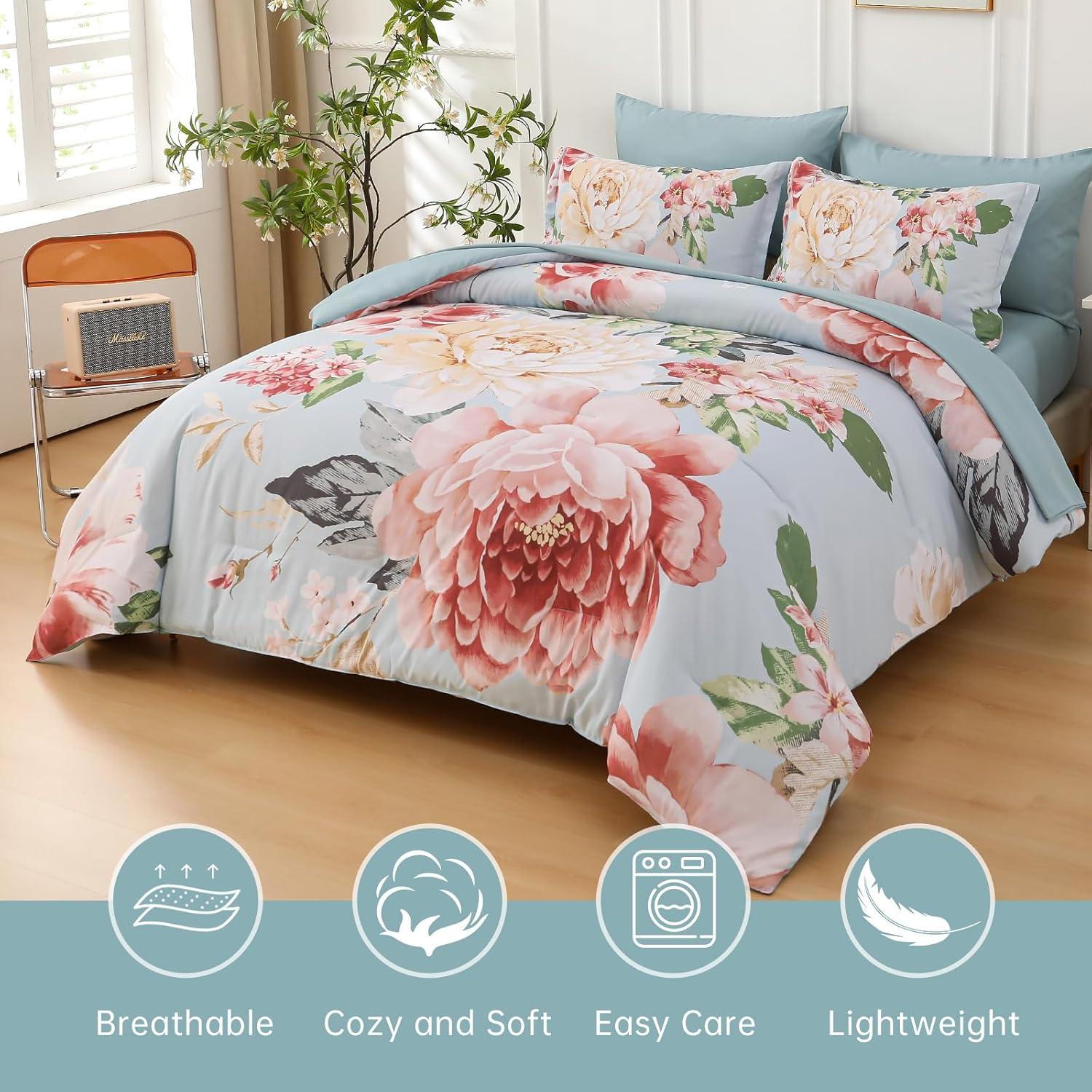 imageDintszyayue Black Comforter Set King Size 7 Pieces Pink Floral Bed in a Bag Complete Bedding Sets Elegant Flower Bed Set Comforter for All Season with Flat Sheet Fitted Sheets Pillowcases ampamp ShamsGreen Pink