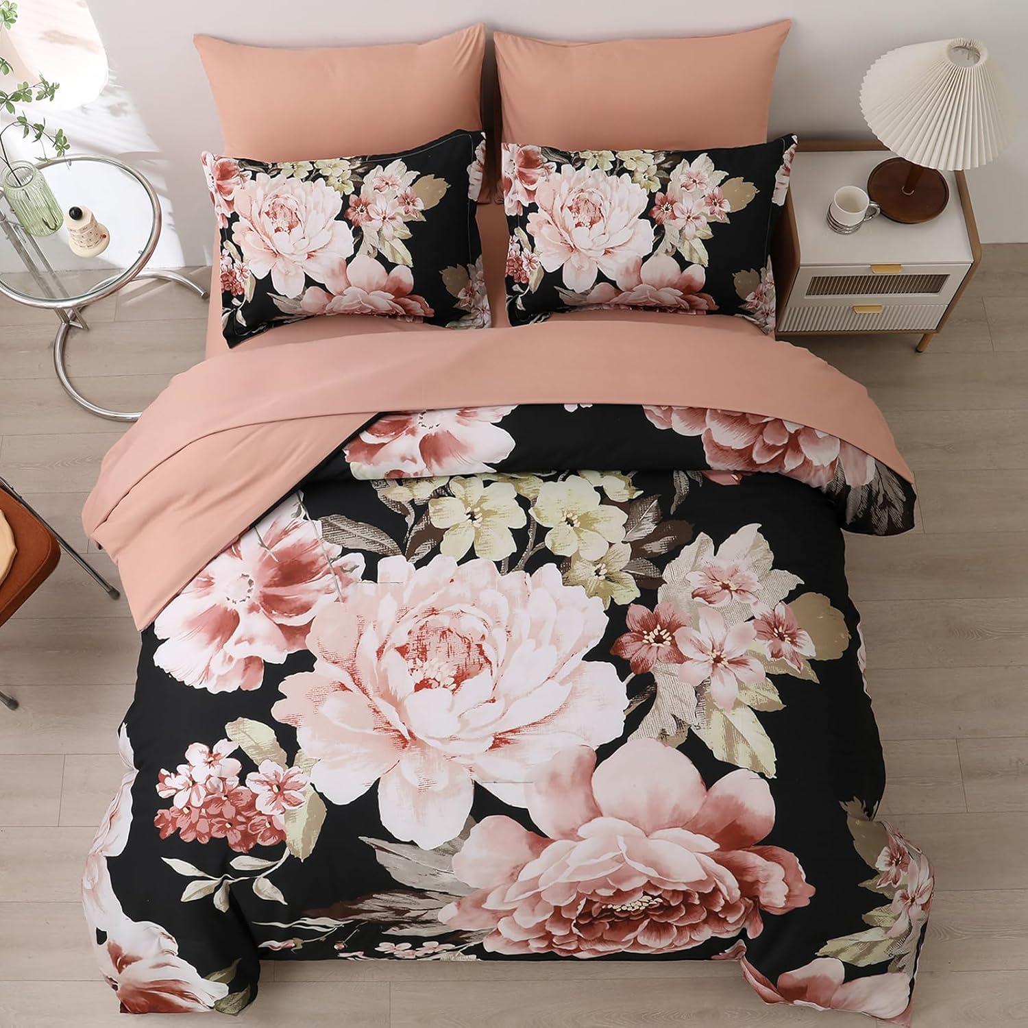 imageDintszyayue Black Comforter Set King Size 7 Pieces Pink Floral Bed in a Bag Complete Bedding Sets Elegant Flower Bed Set Comforter for All Season with Flat Sheet Fitted Sheets Pillowcases ampamp ShamsBlack