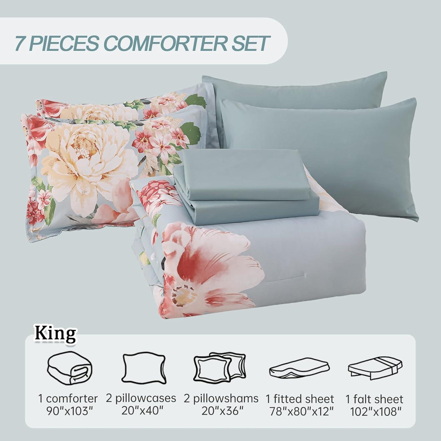 imageDintszyayue Black Comforter Set King Size 7 Pieces Pink Floral Bed in a Bag Complete Bedding Sets Elegant Flower Bed Set Comforter for All Season with Flat Sheet Fitted Sheets Pillowcases ampamp ShamsGreen Pink