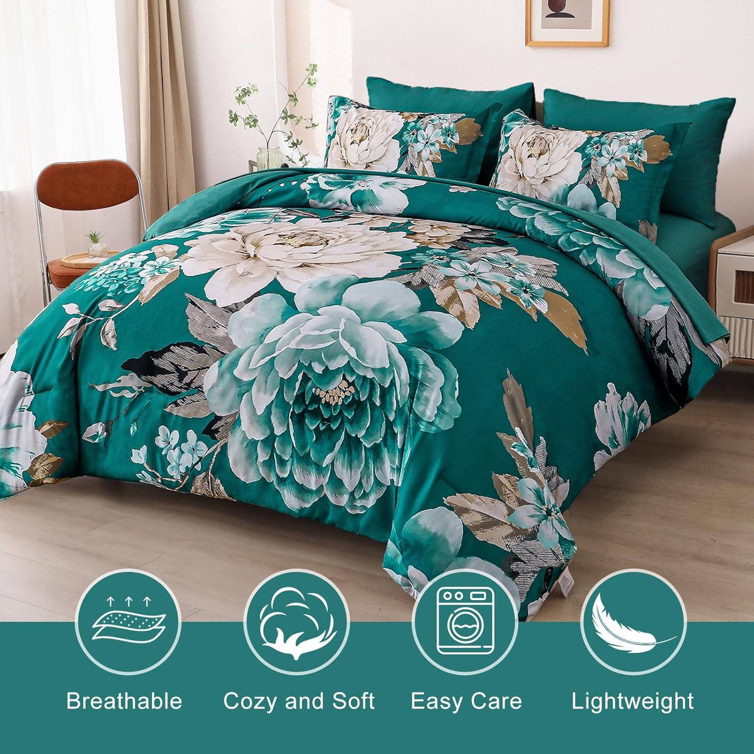 imageDintszyayue Black Comforter Set King Size 7 Pieces Pink Floral Bed in a Bag Complete Bedding Sets Elegant Flower Bed Set Comforter for All Season with Flat Sheet Fitted Sheets Pillowcases ampamp ShamsTeal