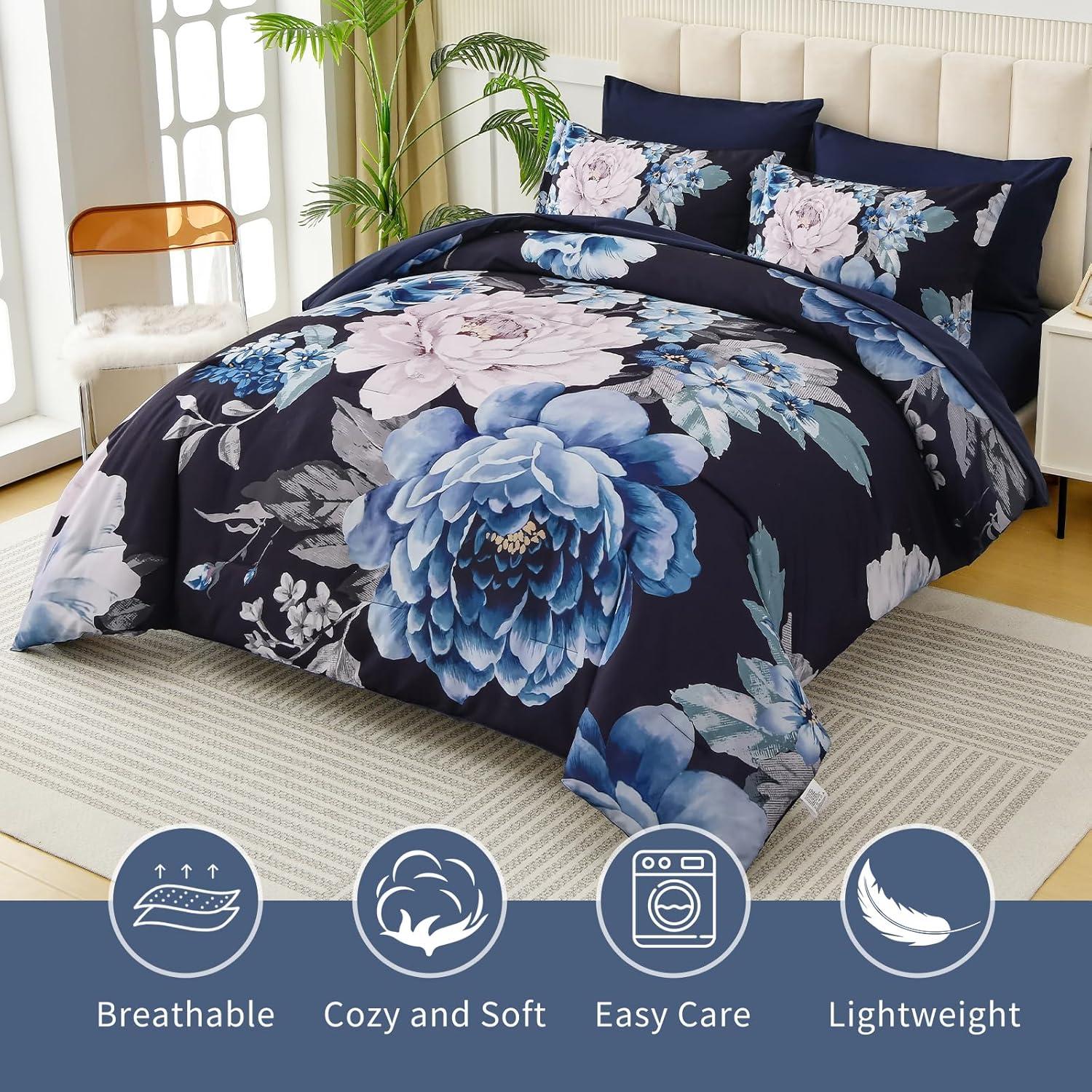 imageDintszyayue Black Comforter Set King Size 7 Pieces Pink Floral Bed in a Bag Complete Bedding Sets Elegant Flower Bed Set Comforter for All Season with Flat Sheet Fitted Sheets Pillowcases ampamp ShamsNavy Blue